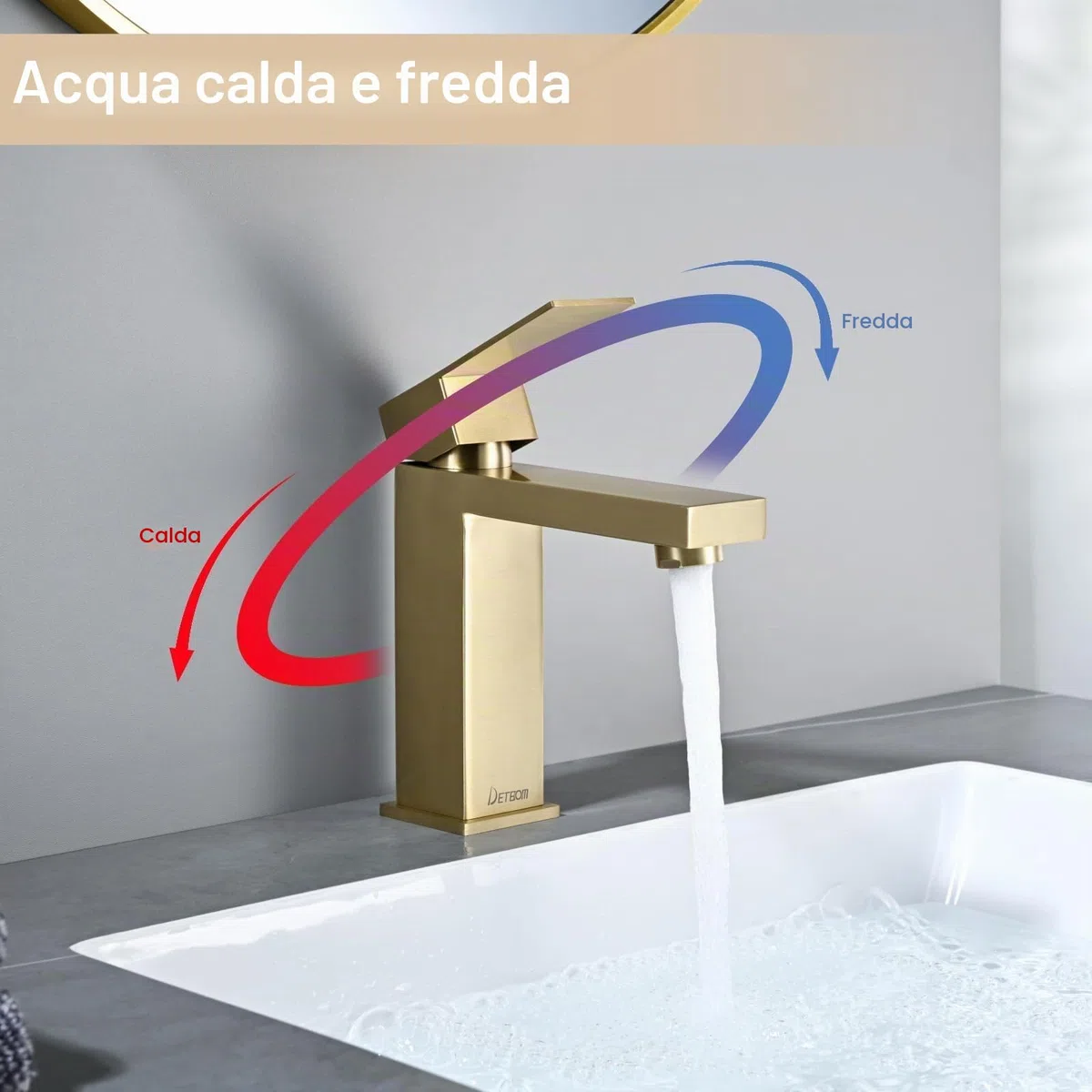 Rubinetto Bagno Lavabo Oro Acciaio Inox, DETBOM Miscelatore Monocomando Fredda e Calda Regolabile con Aeratore Rimovibile, Altezza Bocca 119 mm