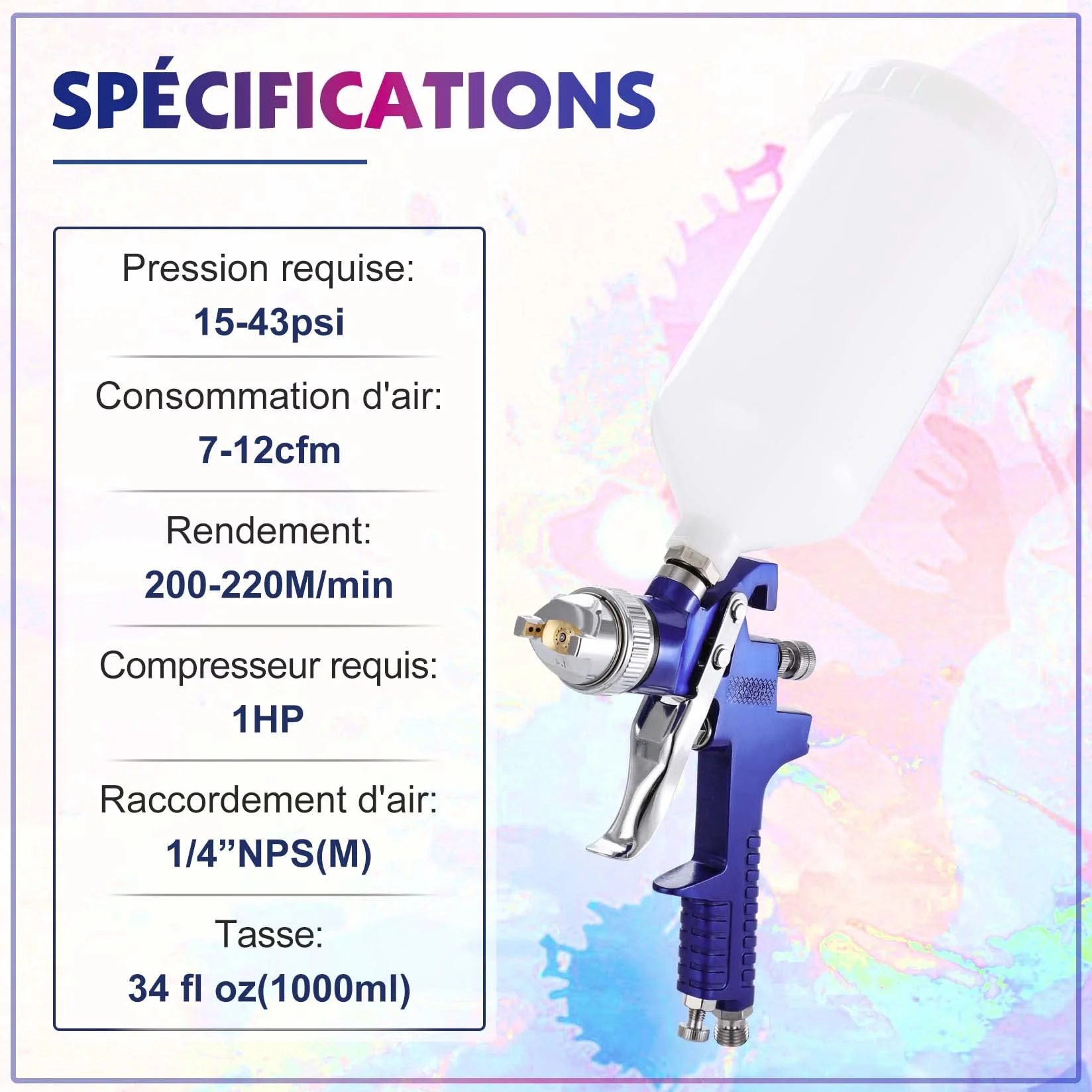 Pindex HVLP Vernice Pistola à Spruzzo con 4 Ugelli 1,4 1,7 2 2,5 mm, HVLP Gravità Pistola à Spruzzo d'Aria con 1000 ml Contenitore per Mobili Recinzione Parete Giardino,Blu
