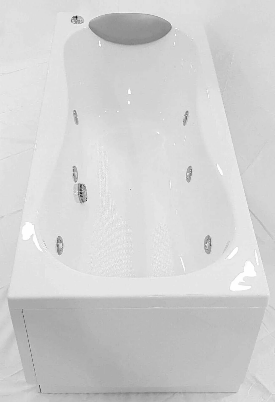 Novellini Calypso Eco Vasca da Bagno 160x70 H55cm Idro Laterale 6 Getti Reversibile Accensione Pneumatica Forma Esterna Rettangolare Interna ad Otto 2 Pannelli Acrilico Bianco Lucido Colonna Cuscino