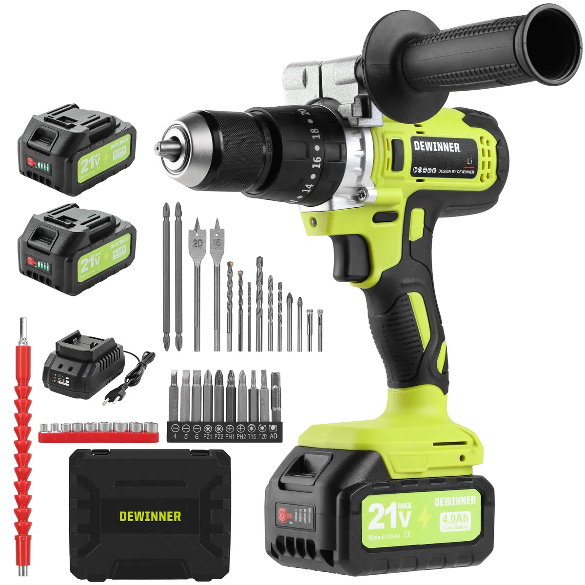 DEWINNER Percussione Batteria 21V,90Nm Trapano Avvitatore a Batteria con 2 Batterie 4Ah, 20+3 Coppie, 13mm Mandrino, 2 Velocità, 39 Accessori e Valigetta, per Casa Riparazione, Fai da te
