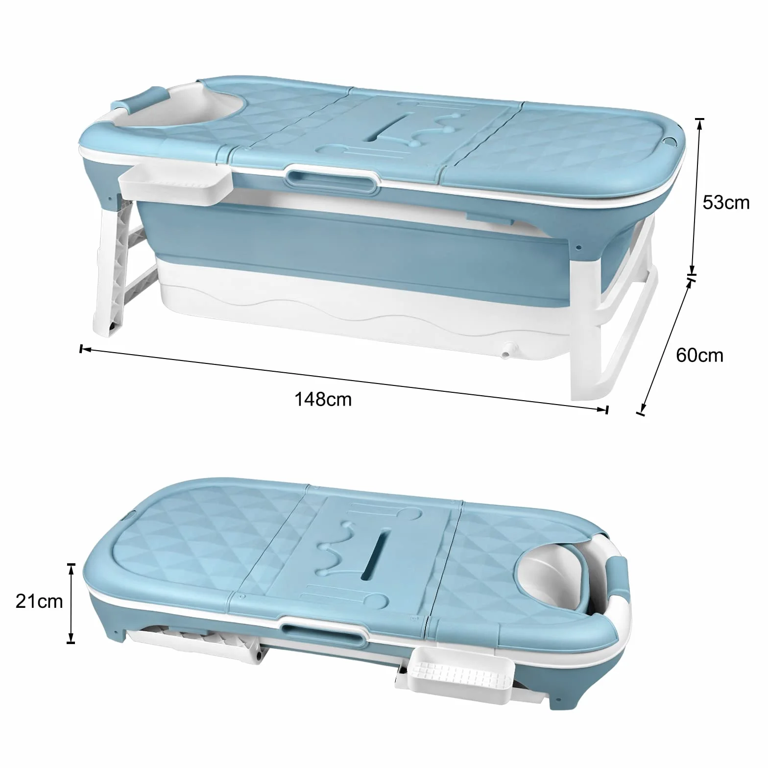 Aufun Vasca da bagno pieghevole XL 148 x 62 x 53 cm, ideale per bagno, doccia e balcone, con copertura e rulli massaggianti, cestino per il sapone, vasca portatile in plastica spessa - blu