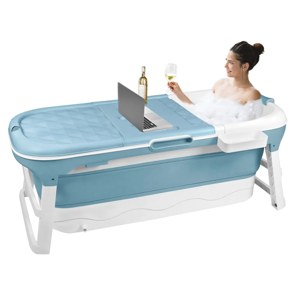 UISEBRT Vasca da bagno pieghevole per adulti XXL, vasca da bagno pieghevole 148 x 62 x 53 cm, vasca da bagno pieghevole portatile con copertura rimovibile, portasapone, rulli massaggianti, per bagno