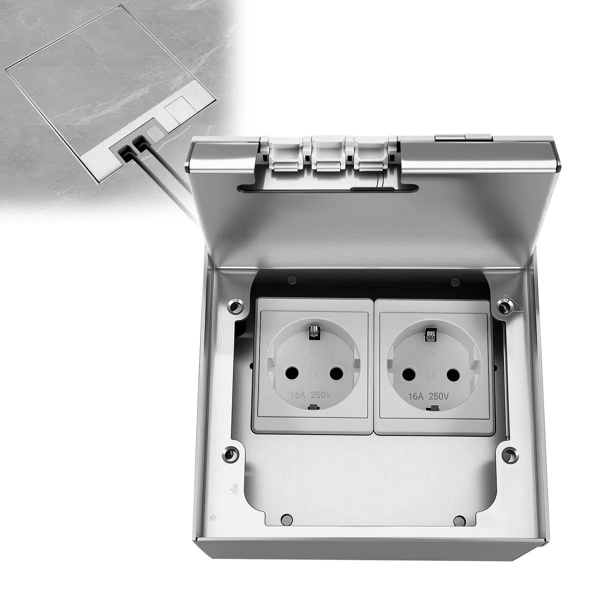 Scatola di corrente da incasso a pavimento 16A 4000W in acciaio inox impermeabile, 2 prese elettriche UE, set da pavimento retrattile per cucina, soggiorno, ufficio, hotel