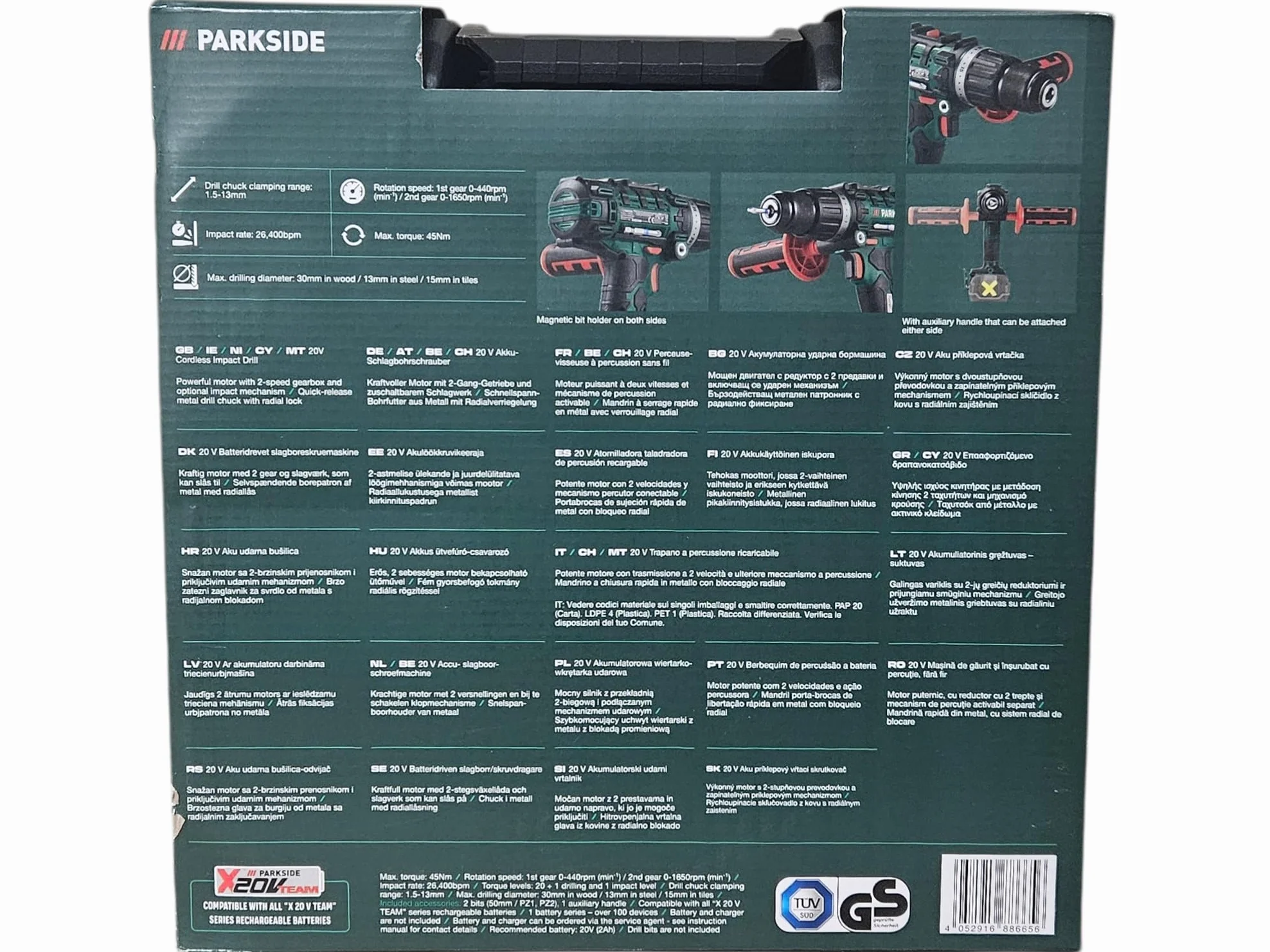 Trapano a percussione a batteria 3-in-1 Parkside PSBSA 20-Li B2 Unità nuda senza batteria o caricabatterie
