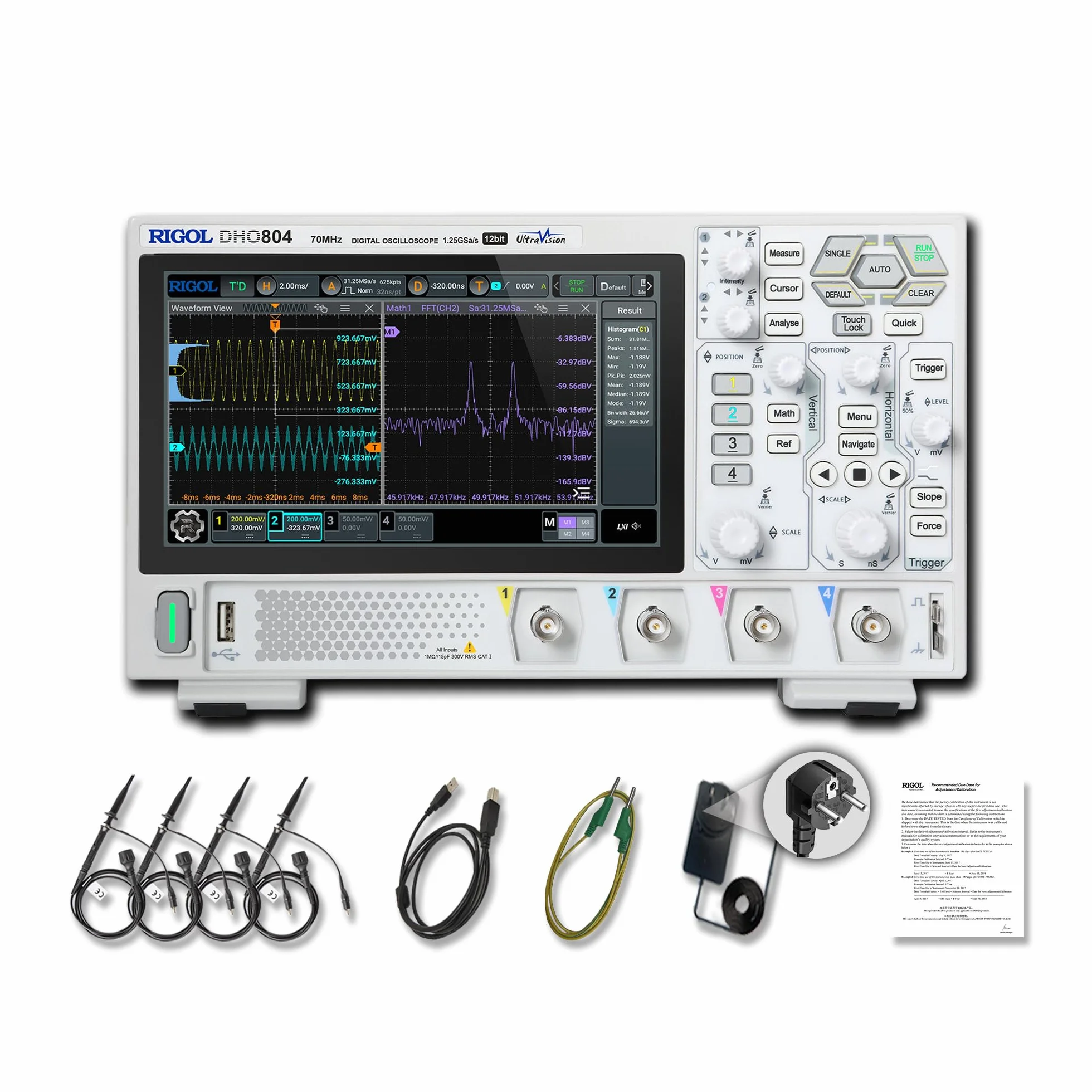 RIGOL Oscilloscopio digitale DHO804 70 MHz, 4 canali analogici, 1 canale EXT, fino a 25 Mpts profondità di memoria, fino a 1,25 GSa/s frequenza di campionamento in tempo reale, 3 anni di garanzia.