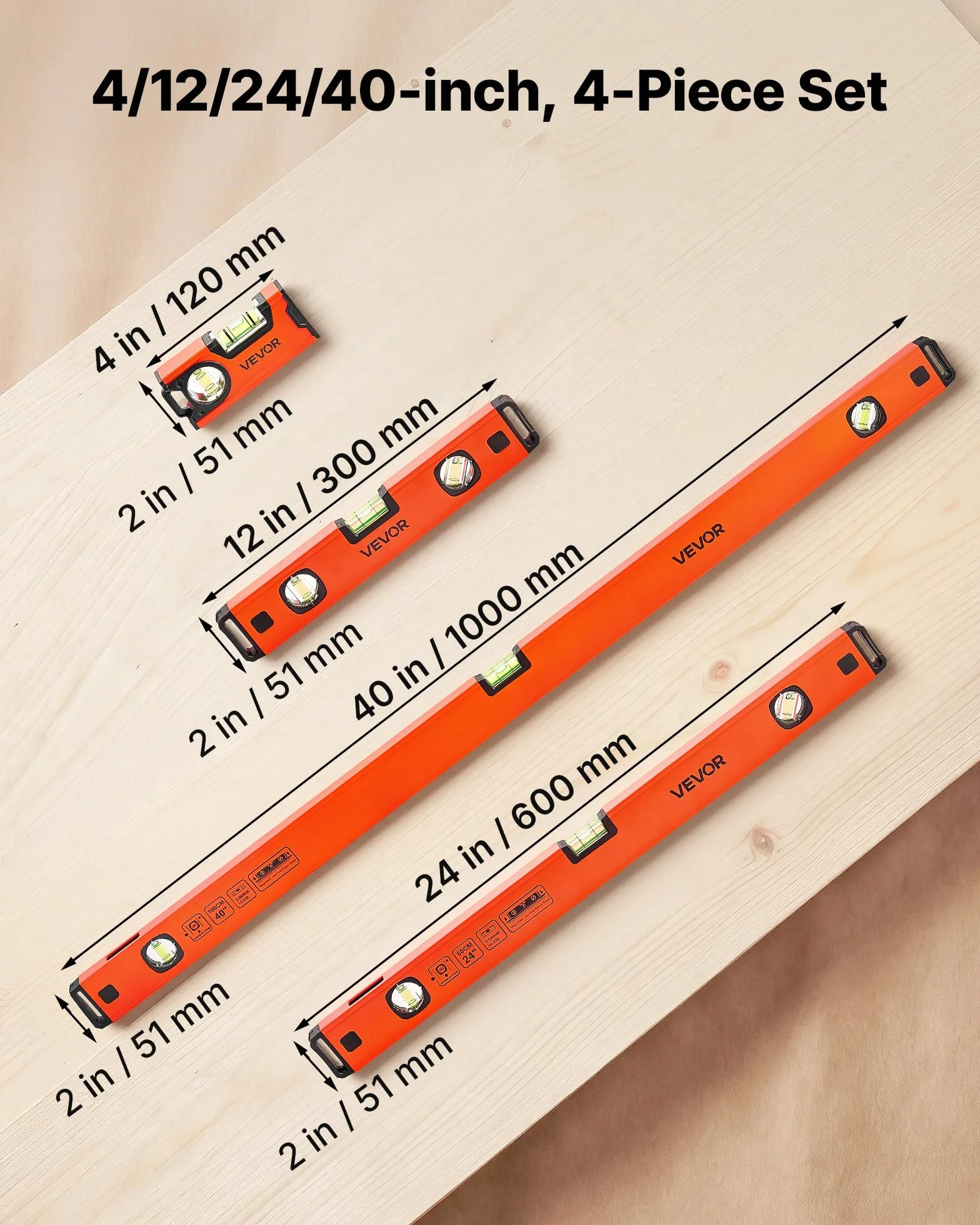 VEVOR Set di Livelle a Bolla Magnetiche, 4 Pezzi (120/300/600/1000 mm), Livelle in Alluminio, 3 Fiale ad Alta Visibilità, Foro per Appendere, Alta Precisione, per Edilizia, Falegnameria e Fai da Te