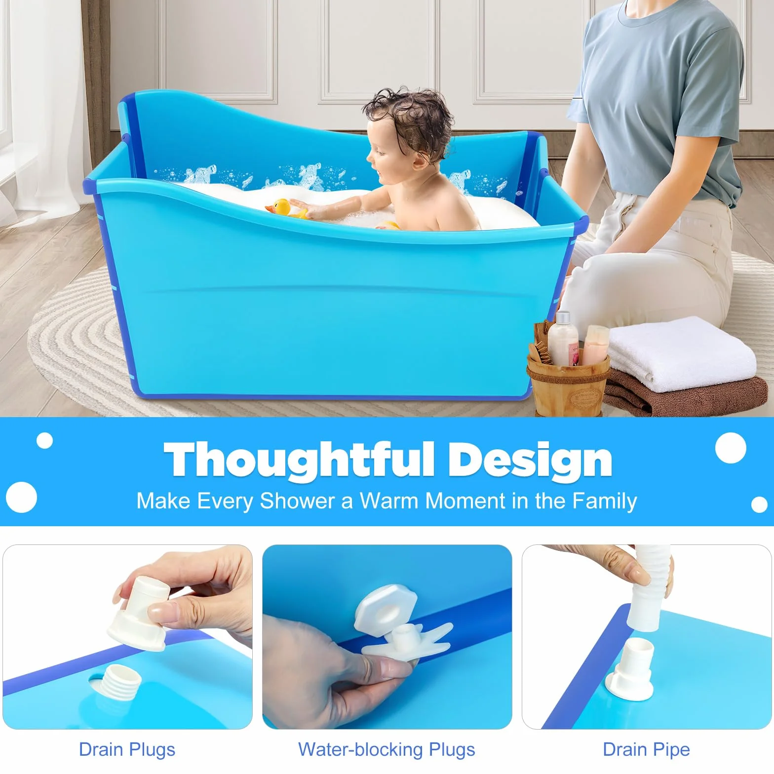 Vasca da bagno pieghevole da 100 cm, per adulti, sauna, bagno per bambini, con copertura rimovibile, per bagno, balcone e doccia