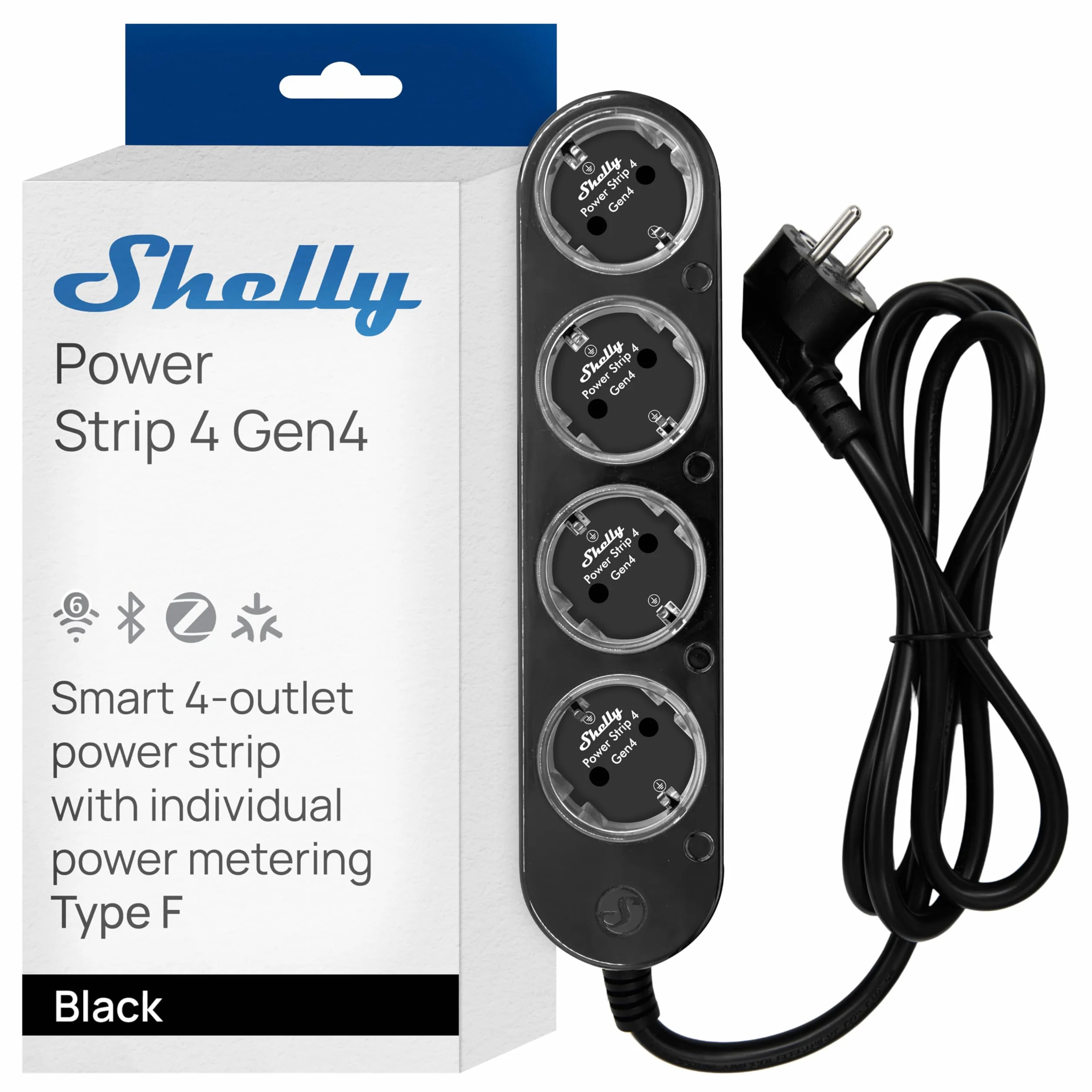 Shelly Power Strip 4 Gen4 Nero - Ciabatta Smart Matter & Wi-Fi, 4 Prese Intelligenti, Misurazione Potenza, 16A Totali 3500W, Timer, Riscaldamento, Zigbee, Google, Alexa, Apple, Nessun Hub Richiesto