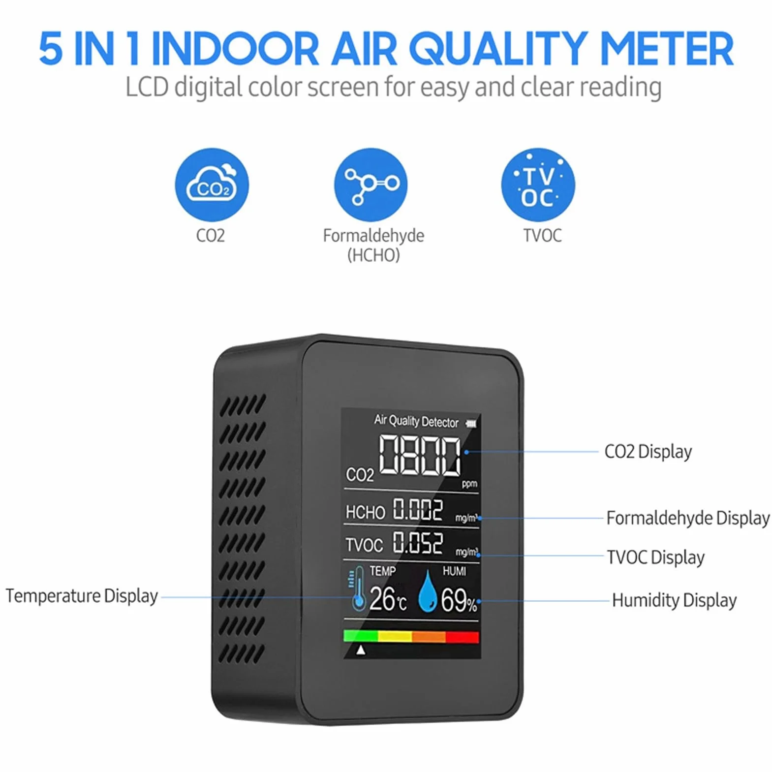 Monitor della qualità Dell'aria Interna Rilevazione in Tempo Reale Display LCD Monitor Accurato della CO2 Tester di umidità della Temperatura TVOC HCHO