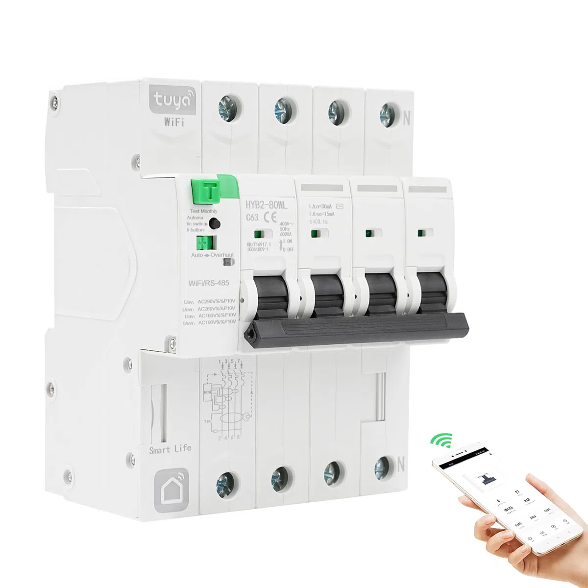 Interruttore magnetotermico differenziale wifi Salvavita 63A 4P 30ma tuya/Smart Life APP Recovery Reclosing Protezione dalle perdite richiudibile Protezione dalle perdite per sottotensione.
