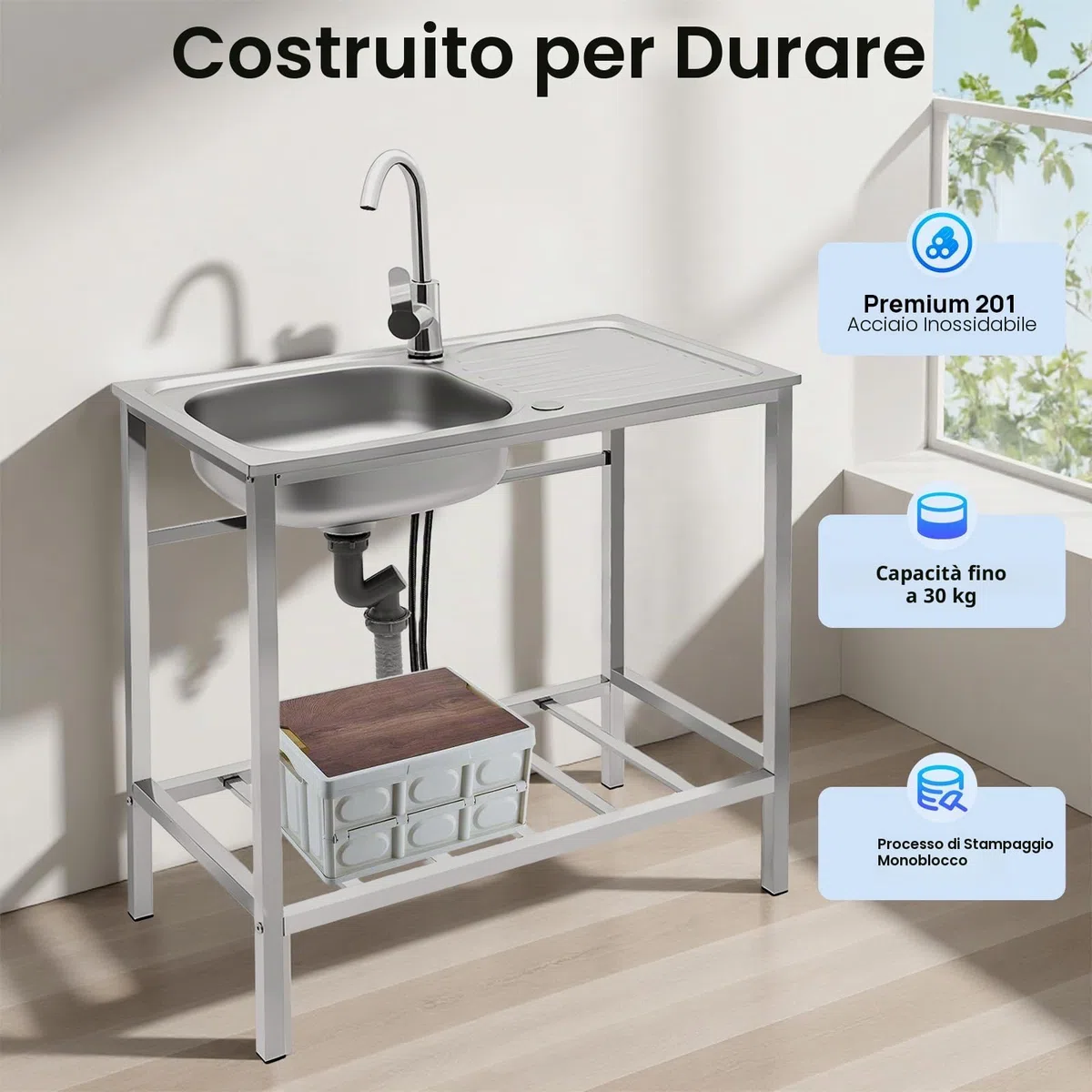 Lavello autoportante in acciaio inox, lavandino portatile con vasca e rubinetto, lavello da cucina commerciale, 75 x 40 x 76 cm, grande lavello di servizio autoportante per esterni e interni
