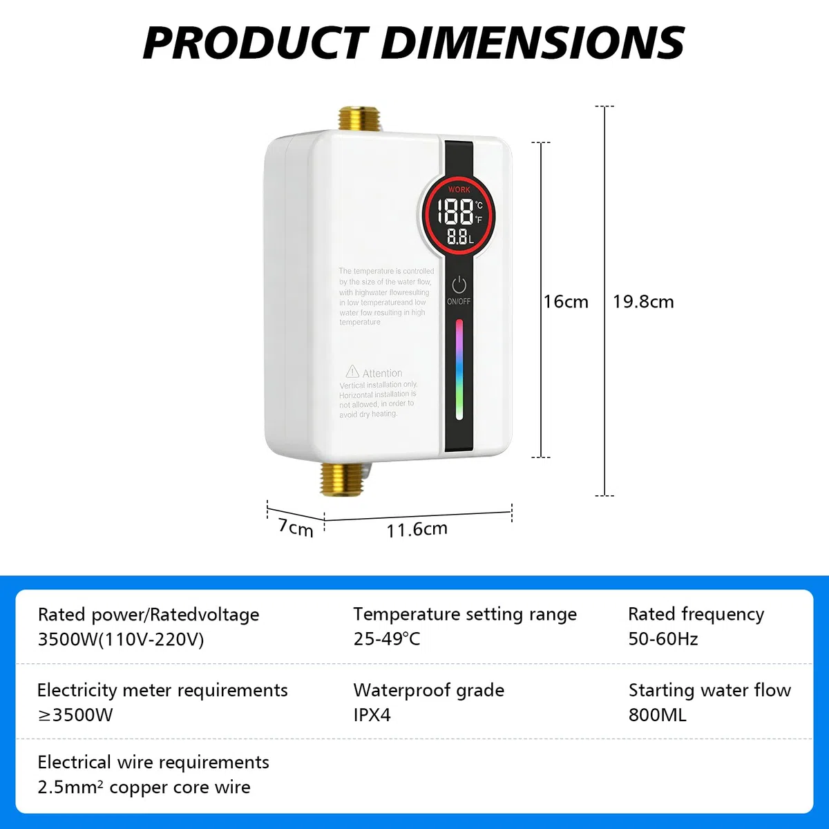 Scaldacqua istantanea elettronico, 3500 W 220V Scaldacqua Istantaneo a Parete Mini Scaldabagno Istantaneo Elettrico con Display LED Della Temperatura, scaldabagno elettrico per Cucina e Bagno