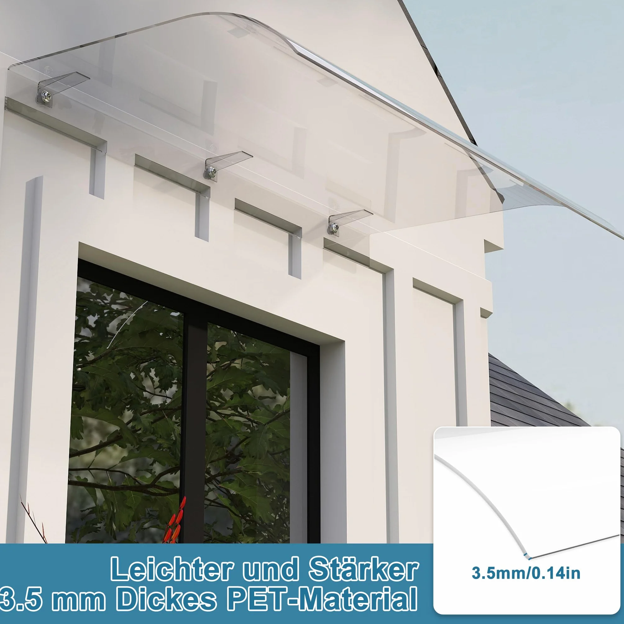 FIVMEN Tettoia per porta di casa, 120 x 50 cm, protezione UV, resistente alle intemperie, tettoia per porta di casa, tetto ad arco, in plastica PP trasparente