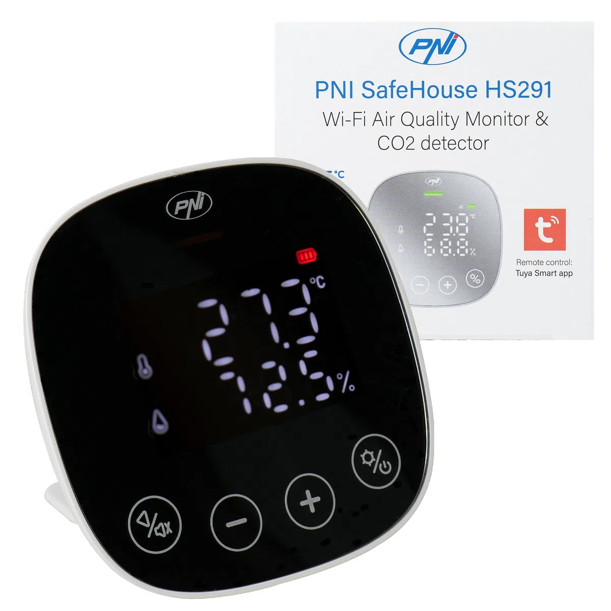 Sensore di qualità dell'aria e anidride carbonica (CO2) PNI SafeHouse HS291 con Wi-Fi, controllo app Tuya Smart, monitoraggio CO2, menu impostazioni, batteria di backup, allarme