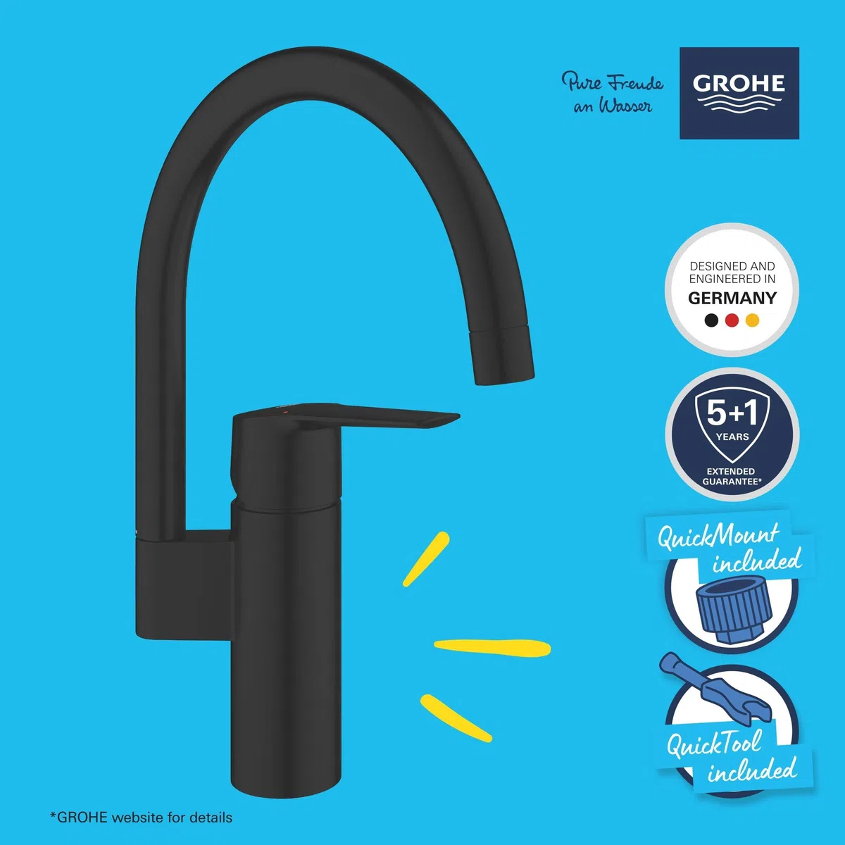 GROHE Start QuickFix – Rubinetto Miscelatore per lavello da cucina, bocca a C, facile da montare con GROHE QuickMount), nero opaco, 304692430