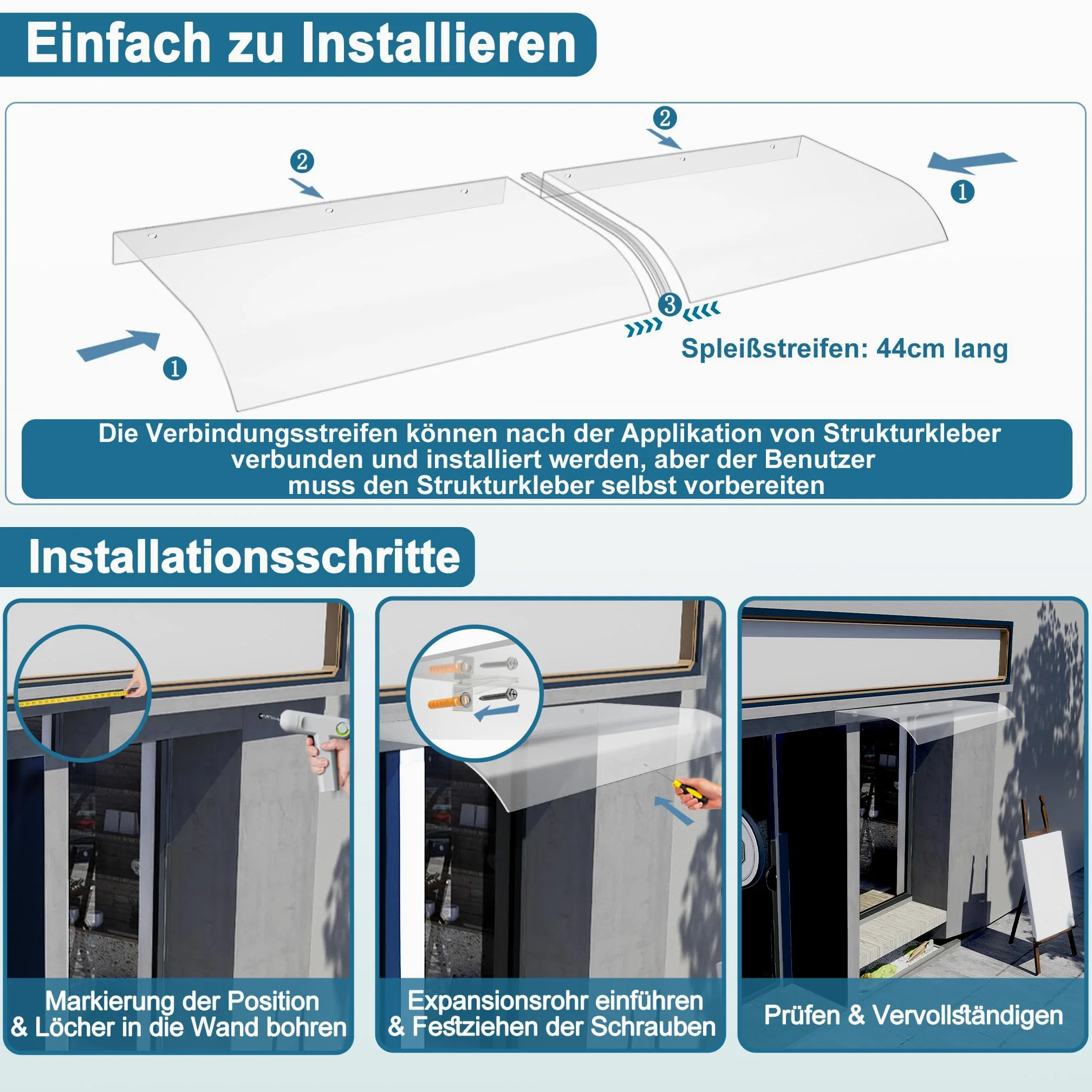 FIVMEN Tettoia per porta di casa, 120 x 50 cm, protezione UV, resistente alle intemperie, tettoia per porta di casa, tetto ad arco, in plastica PP trasparente