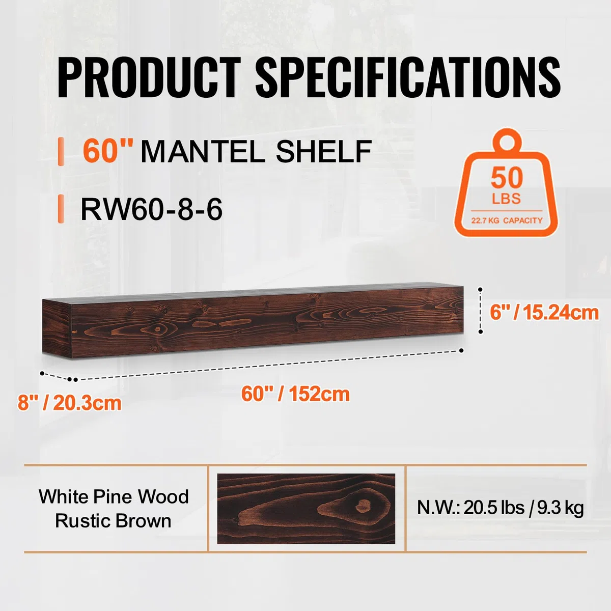 VEVOR Mensola per Caminetto Galleggiante a Parete 60 x 8 x 6 Pollici, in Legno Naturale, Capacità Carico 50 Libbre, per Decorazione Murale, Marrone Rustico