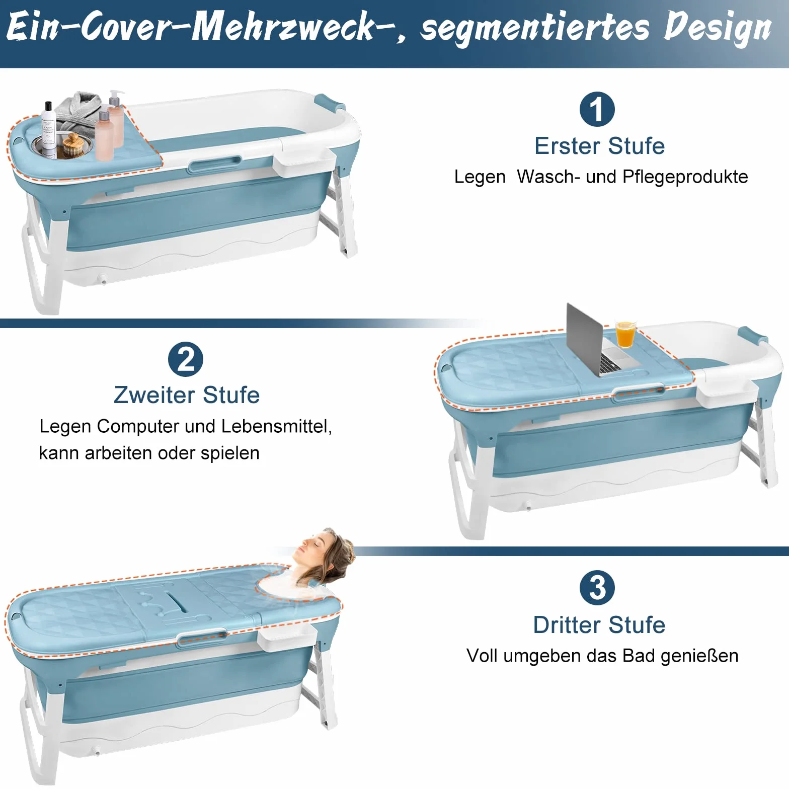Aufun Vasca da bagno pieghevole XL 148 x 62 x 53 cm, ideale per bagno, doccia e balcone, con copertura e rulli massaggianti, cestino per il sapone, vasca portatile in plastica spessa - blu
