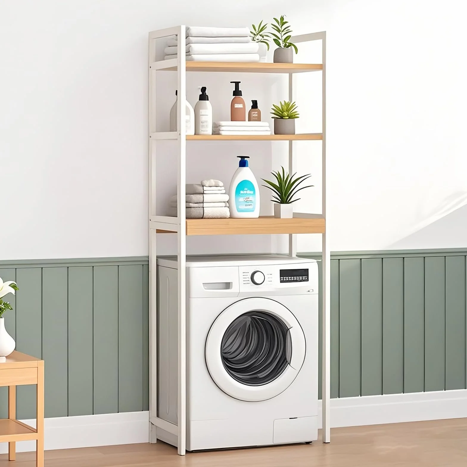 Mobile Sopra Lavatrice, Scaffale Lavatrice a 3 Ripiani in Bambù, per Bagno, Cucina, Soggiorno, 66.5x26x170cm