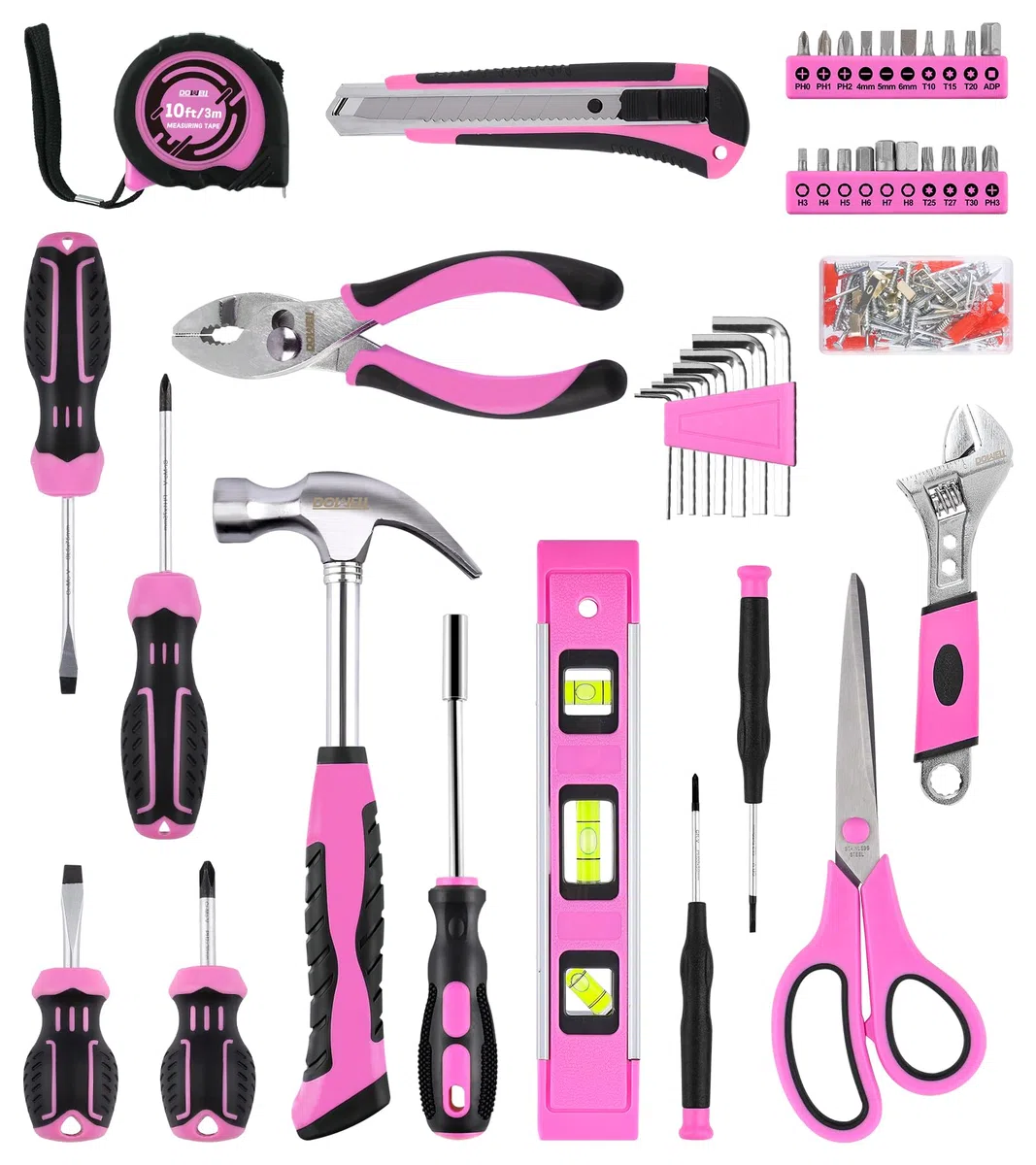 Dowell, kit di attrezzi per la riparazione domestica da 123 pezzi in rosa per donne e ragazze - Kit di attrezzi fai da te tutto in uno con impugnature ergonomiche, scatola degli attrezzi resistente
