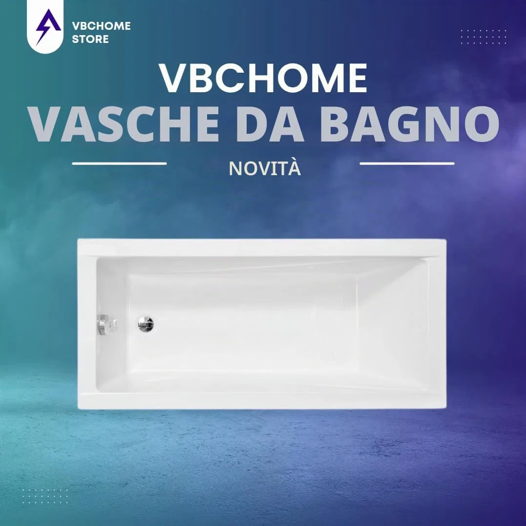 VBChome Vasca da bagno in acrilico, 130 x 70 cm, set di grembiule, sifone in acrilico, rettangolare, colore bianco, design moderno, piedini per vasca da bagno, scarico cromato