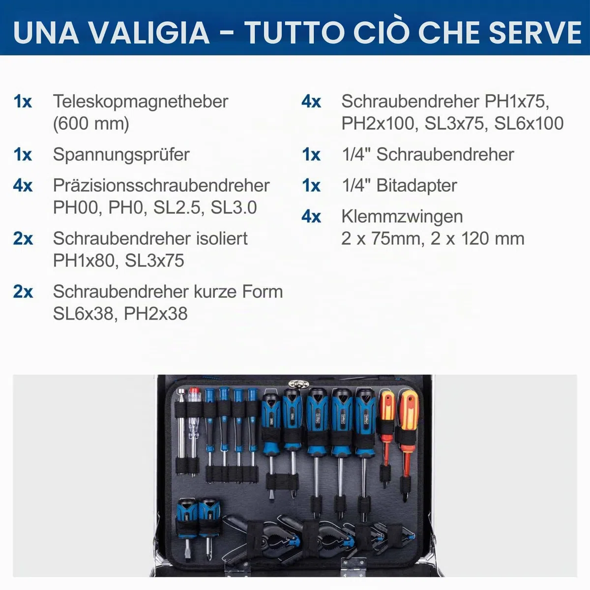 Scheppach TB200 Cassetta degli attrezzi in alluminio riempita, set di 141 pezzi | Cassetta degli attrezzi dotata di chiave a cricchetto, martello, pinza, cacciavite, cassetta degli attrezzi per