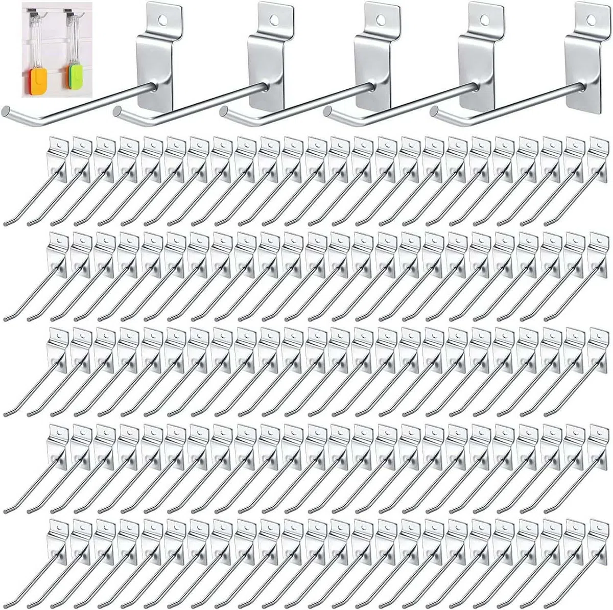 uyoyous Set di 100 ganci da parete per display Slatwall Hake 20 cm, ganci per slatwall, ganci da parete per attrezzi, per pareti lamellari in metallo per garage Retail Store