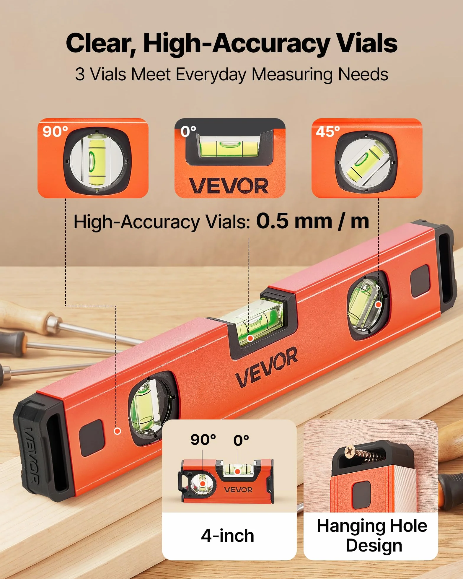 VEVOR Set di Livelle a Bolla Magnetiche, 4 Pezzi (120/300/600/1000 mm), Livelle in Alluminio, 3 Fiale ad Alta Visibilità, Foro per Appendere, Alta Precisione, per Edilizia, Falegnameria e Fai da Te