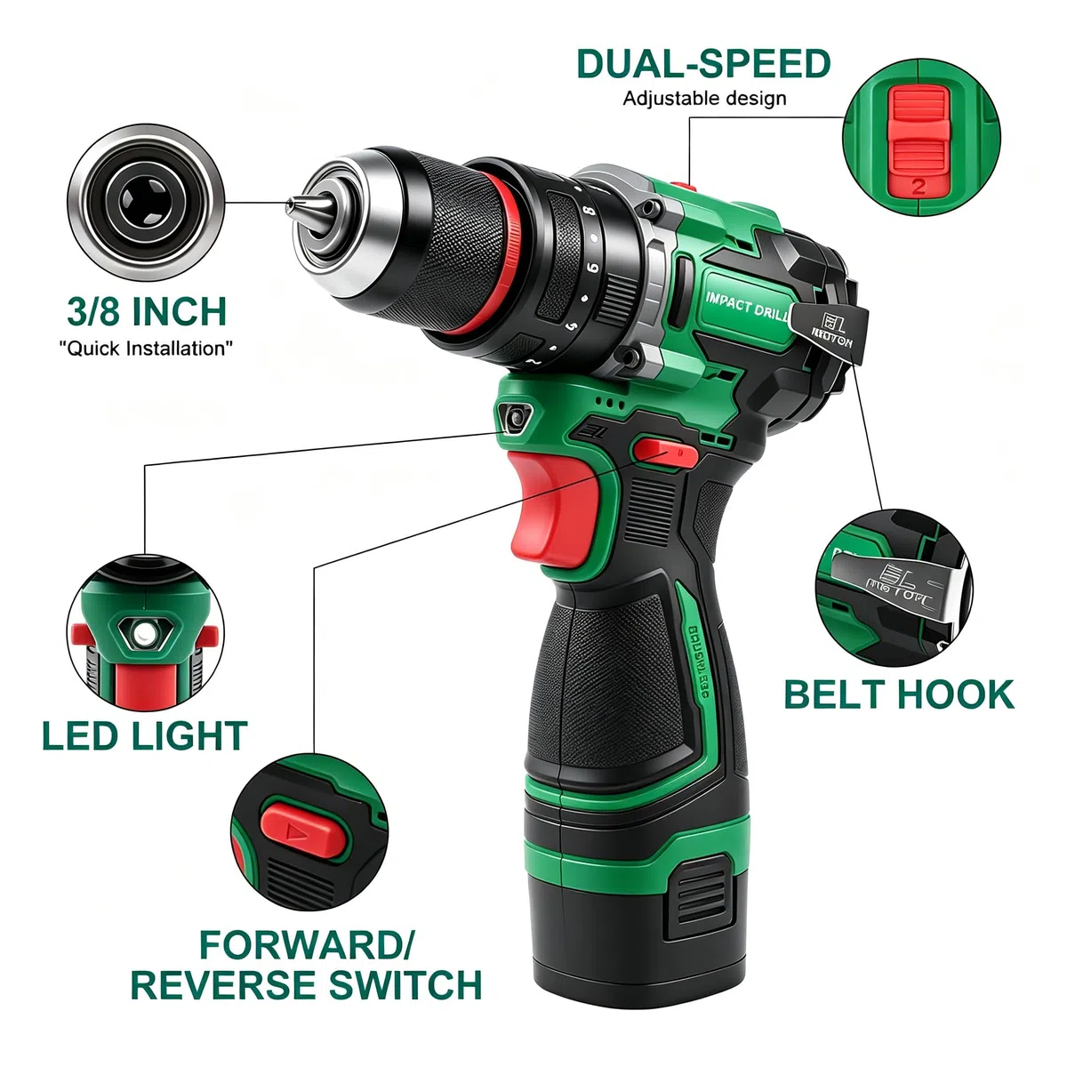 Trapano Elettrico A Percussione Senza Fili, Cacciavite Elettrico Con Coppia Regolabile, Mandrino Universale da 3/8 Pollici con 3 Punte+2 Batterie, per Foratura Del Calcestruzzo, Riparazioni Quotidiane
