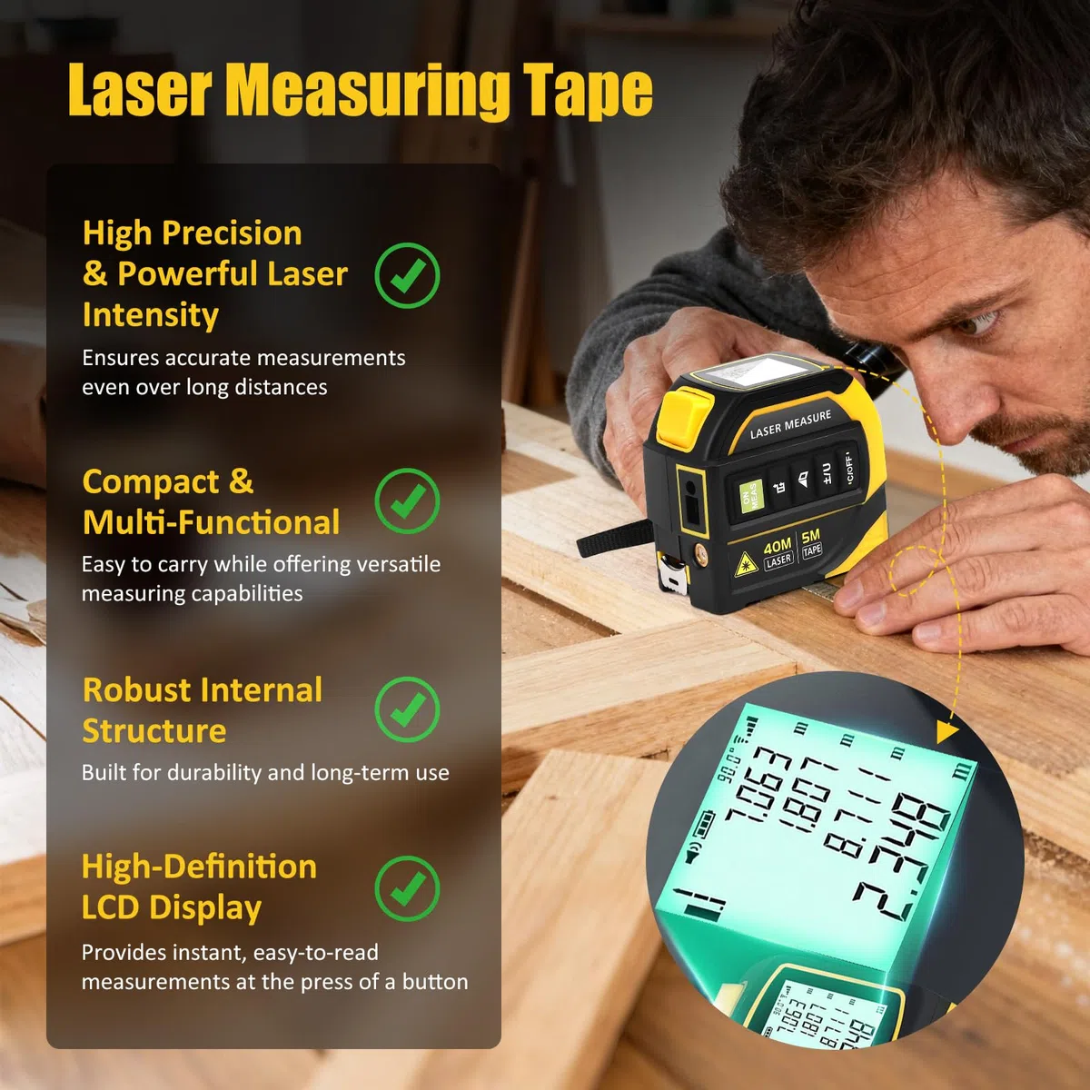 Laser Metro a Nastro 4 in 1, con Bluetooth, 5m e Telemetro Laser Metro a Nastro 100m, Misuratore Digitale con Livella Elettronica a Doppio Asse, Calcolo di Distanza, Superficie, Volume Disegno CAD