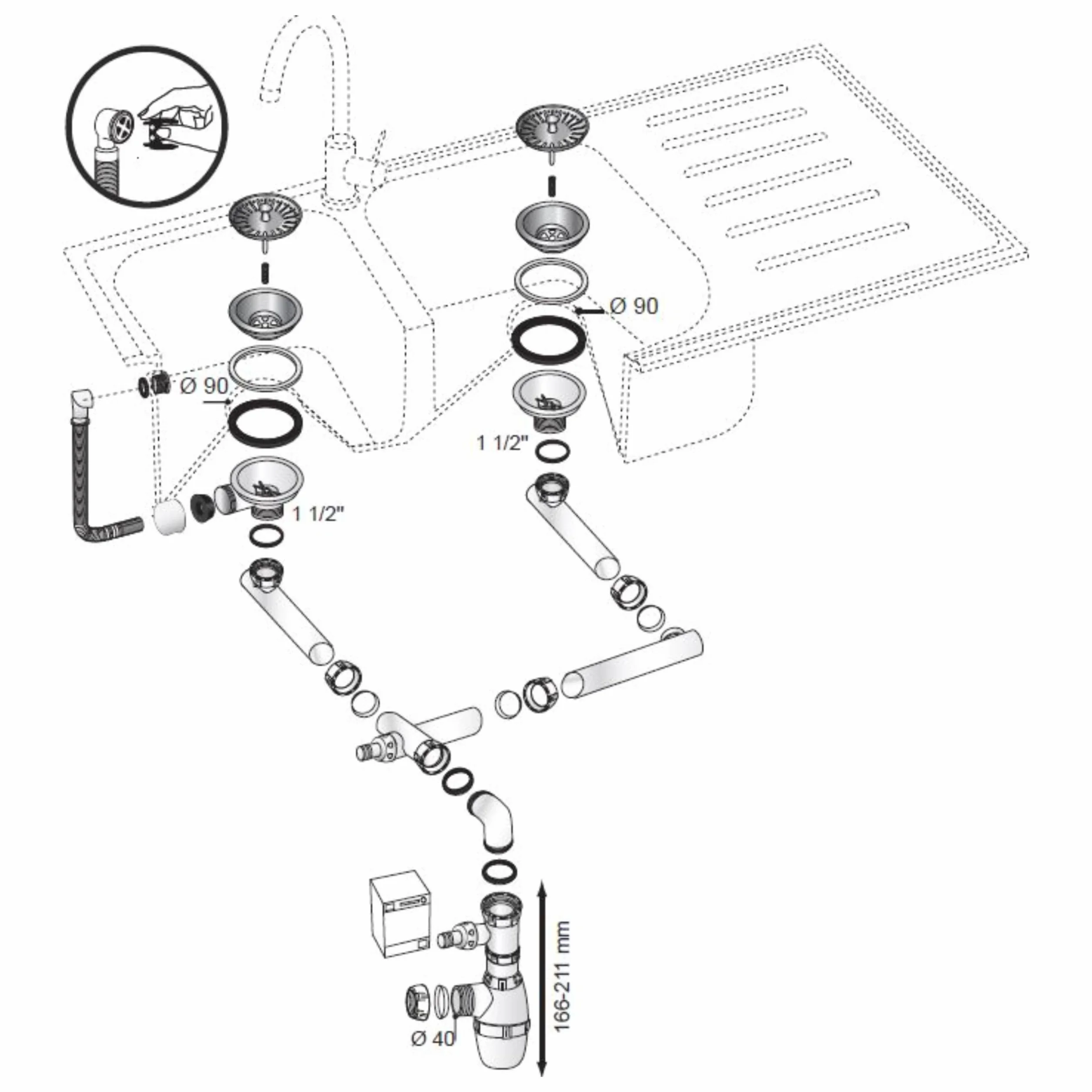 Wirquin 30723182 - Set completo di piletta e sifone per lavello 2 vasche con troppopieno rettangolare e presa lavatrice, cromato e bianco