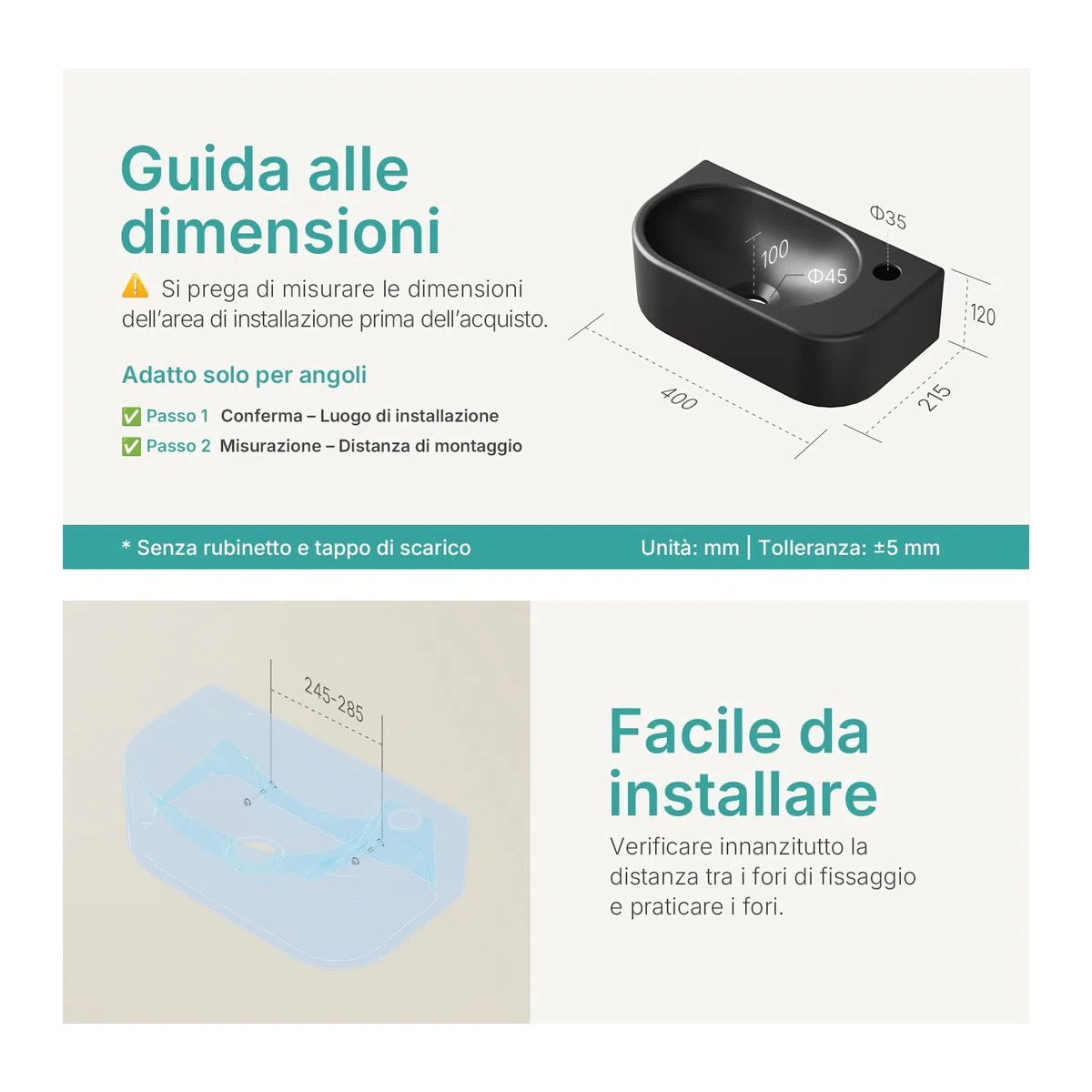 EMKE Lavamano Sospeso 40 x 21,5 x 12 cm, Lavandino Nero Opaco Rettangolare per Bagno Piccolo e WC, Mini Lavabo a Parete con Rubinetto a Destra - Senza Rubinetto e Piletta