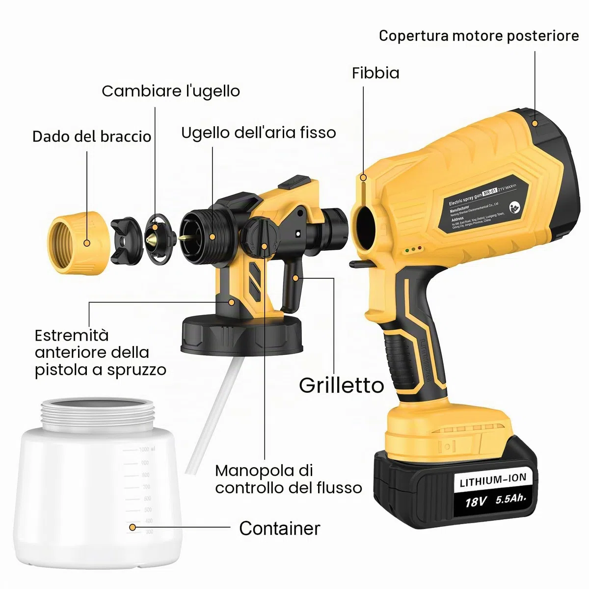 ASUNCELL Pistola Elettrica per Verniciatura, Sistema di Verniciatura a Spruzzo a Batteria con 2X Batterie da 5500mAh, Serbatoio da 1000ml, 3 Ugelli e 3 Modalità di Spruzzo