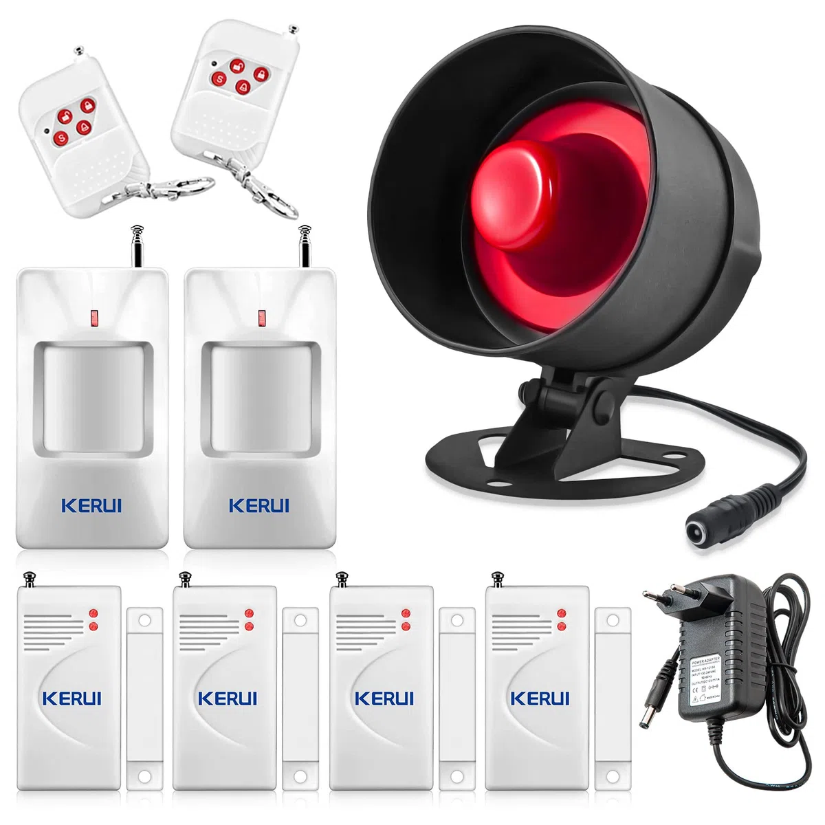 KERUI Allarme Casa Senza Fili, Ring Alarm Ultra Forte con 4 Allarme Porta 2 Telecomando 2 Sensore Movimento 1 Corno da Sirena, Antifurto Casa per Garage, Magazzino, Finestre, Camper, Shed