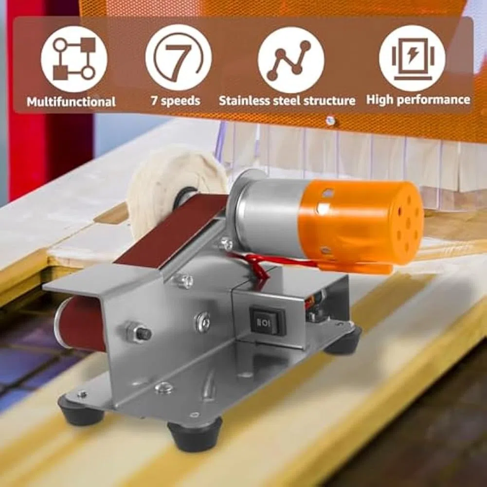 Mini Levigatrice a Banda, Smerigliatrice a Nastro Elettrico a 15 Gradi Affilatrice di Lucidatura Coltello Elettrico a 7 Velocità Regolabili Spina UE