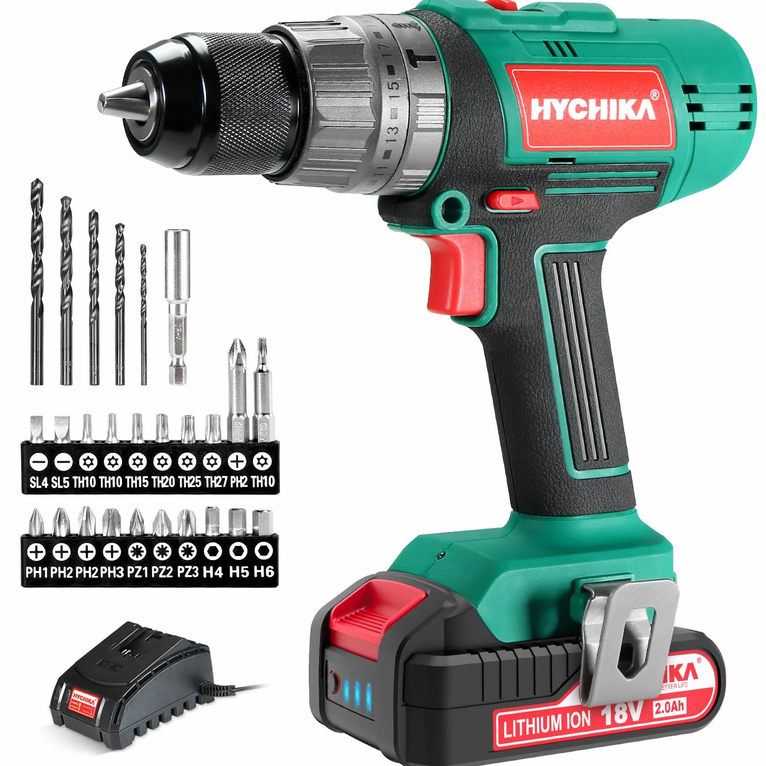 HYCHIKA Trapano Avvitatore Batteria 18V, Trapano a percussione 45 Nm, Batteria 2,0 Ah, 27 accessori, Ricarica rapida 1 ora, Coppia 21+3, 2 velocità, con illuminazione LED, per riparazioni domestiche