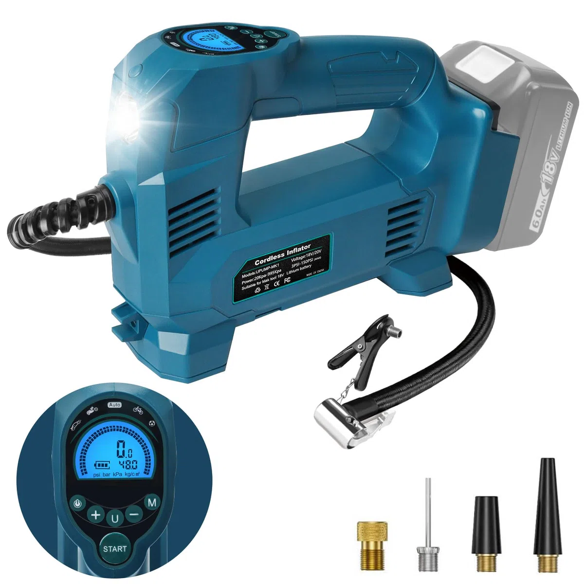 QUPERR Compressore d'aria portatile compatibile con batterie Makita 18V, Gonfiatore elettrico fino a 10,3 bar con luce LED e arresto automatico per auto, moto, bici, palloni (senza batteria)