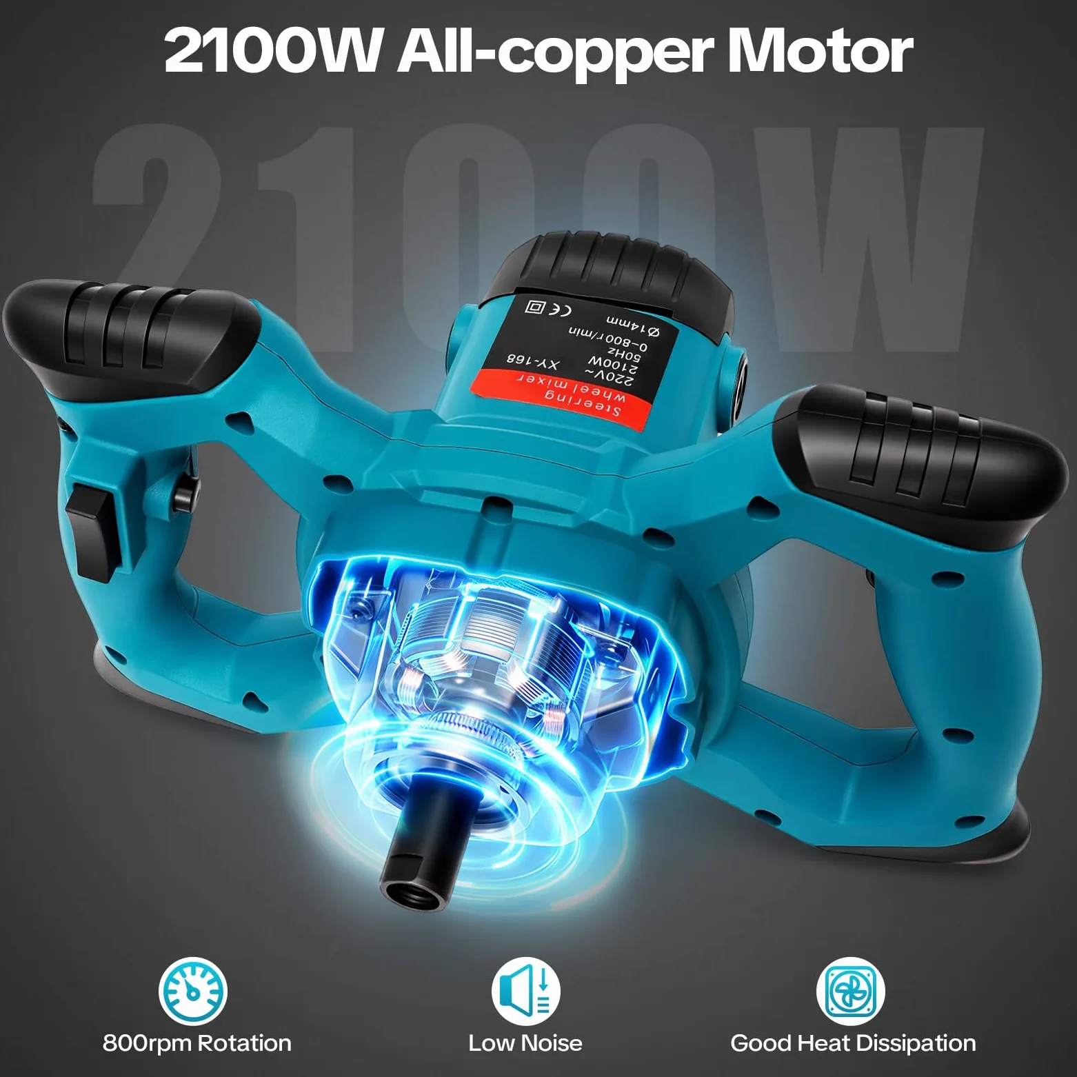 Agitatore, 2100 W, mescolatore per calcestruzzo, 800 giri/min, controllo della velocità a 6 livelli, silenzioso, miscelatore per malta per cemento, cemento, cemento, vernici e mastice