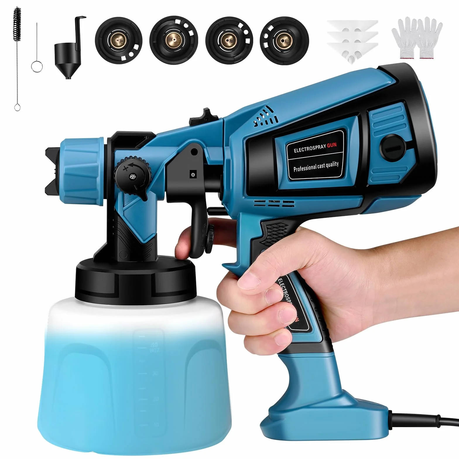 Pistola da verniciatura, 800 W, HVLP, pistola per verniciatura elettrica, 4 ugelli in rame e 3 motivi, serbatoio da 1400 ml, per interni ed esterni di casa, armadi, recinzioni, soffitti