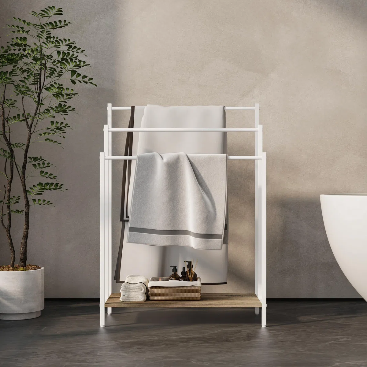 Relaxdays Porta Asciugamani con ripiano, Effetto Legno, 3 Barre, HxLxP: 81x60x28 cm, Naturale/Bianco