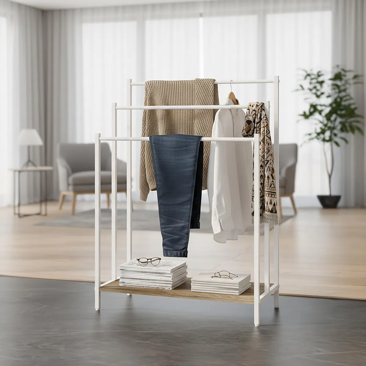 Relaxdays Porta Asciugamani con ripiano, Effetto Legno, 3 Barre, HxLxP: 81x60x28 cm, Naturale/Bianco