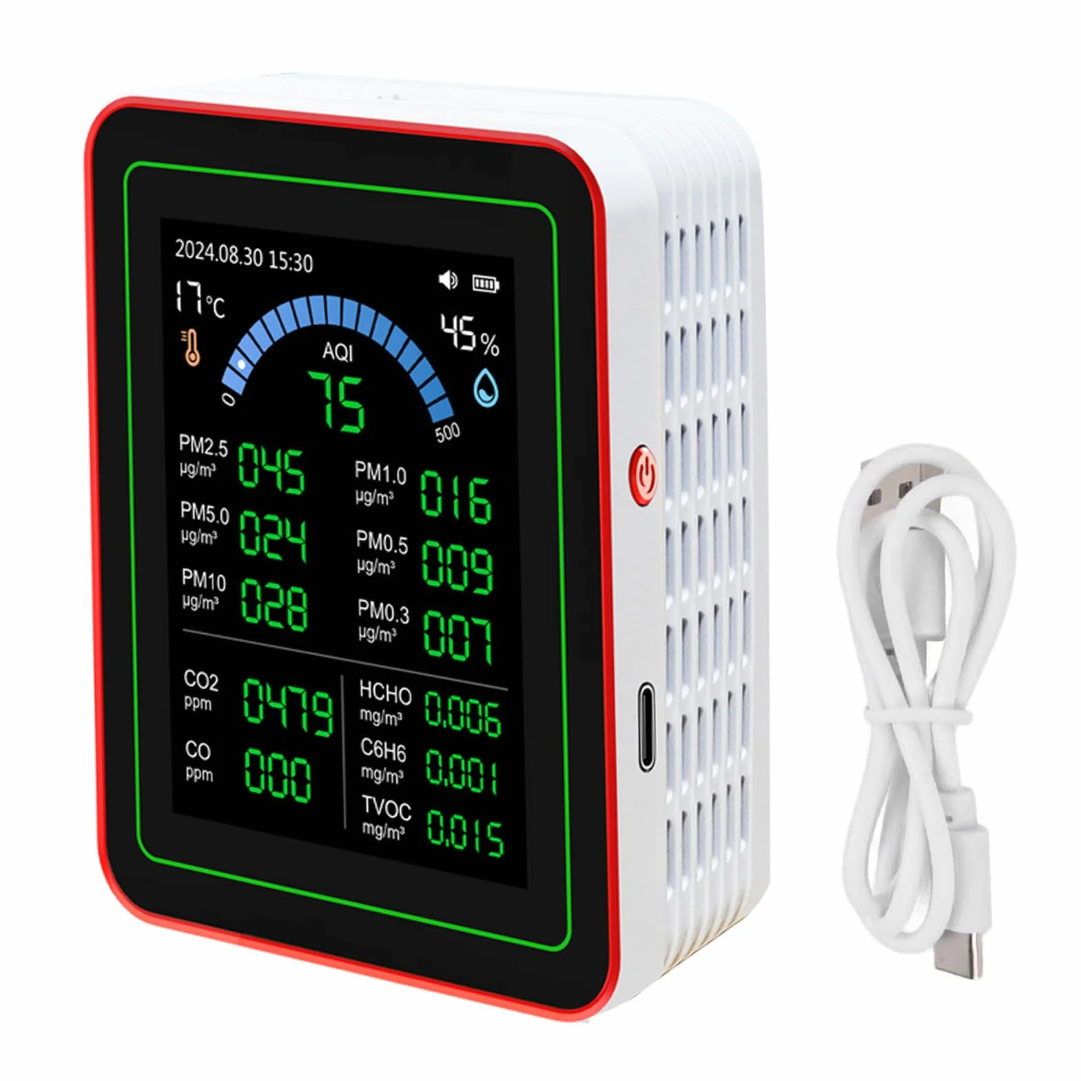 Rilevatore Qualità Aria 18 in 1 per CO2 TVOC HCHO PM2.5 PM10 Temperatura Umidità Display LCD Batteria Casa