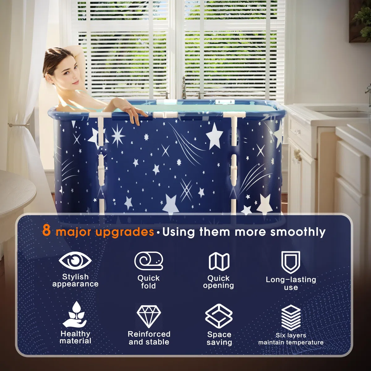 Vasca da bagno pieghevole portatile, vasca per ammollo per doccia calda e bagno di ghiaccio, vasca da bagno sauna indipendente per adulti, 110L x 60L x 52A cm, blu scuro