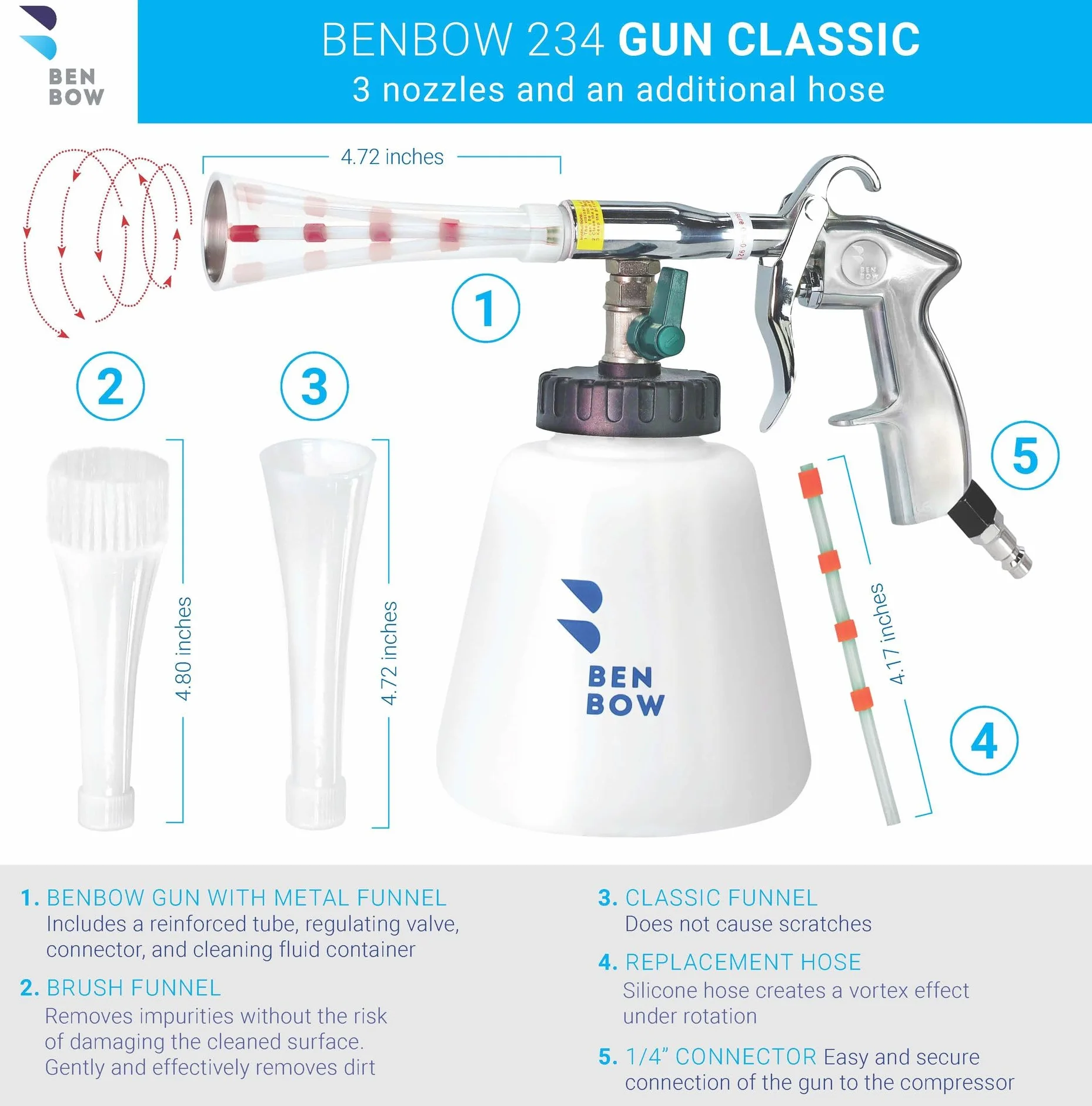 BenBow Pistola di Pulizia Classic ad Aria Compressa - Effetto vortice per rimozione efficiente dello Sporco nell'auto - con Serbatoio da 1 litro, Imbuto e Imbuto a Spazzola