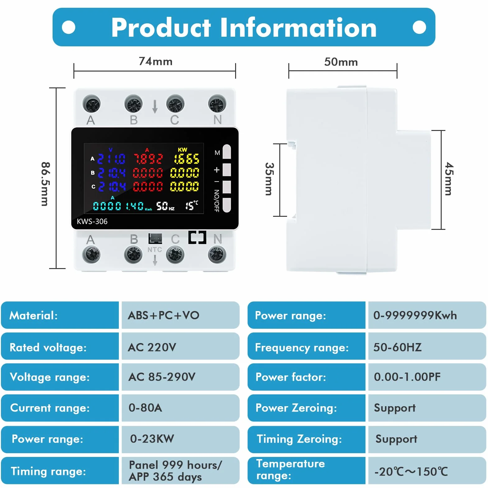 Contatore Energia Elettrica Trifase, 9 in 1 Misuratore di Consumo Elettrico Digitale Contatore Elettrico Energy Meter con Protezione da Sovratensione/Sottotensione AC 85-290V 80A (NO WiFi)