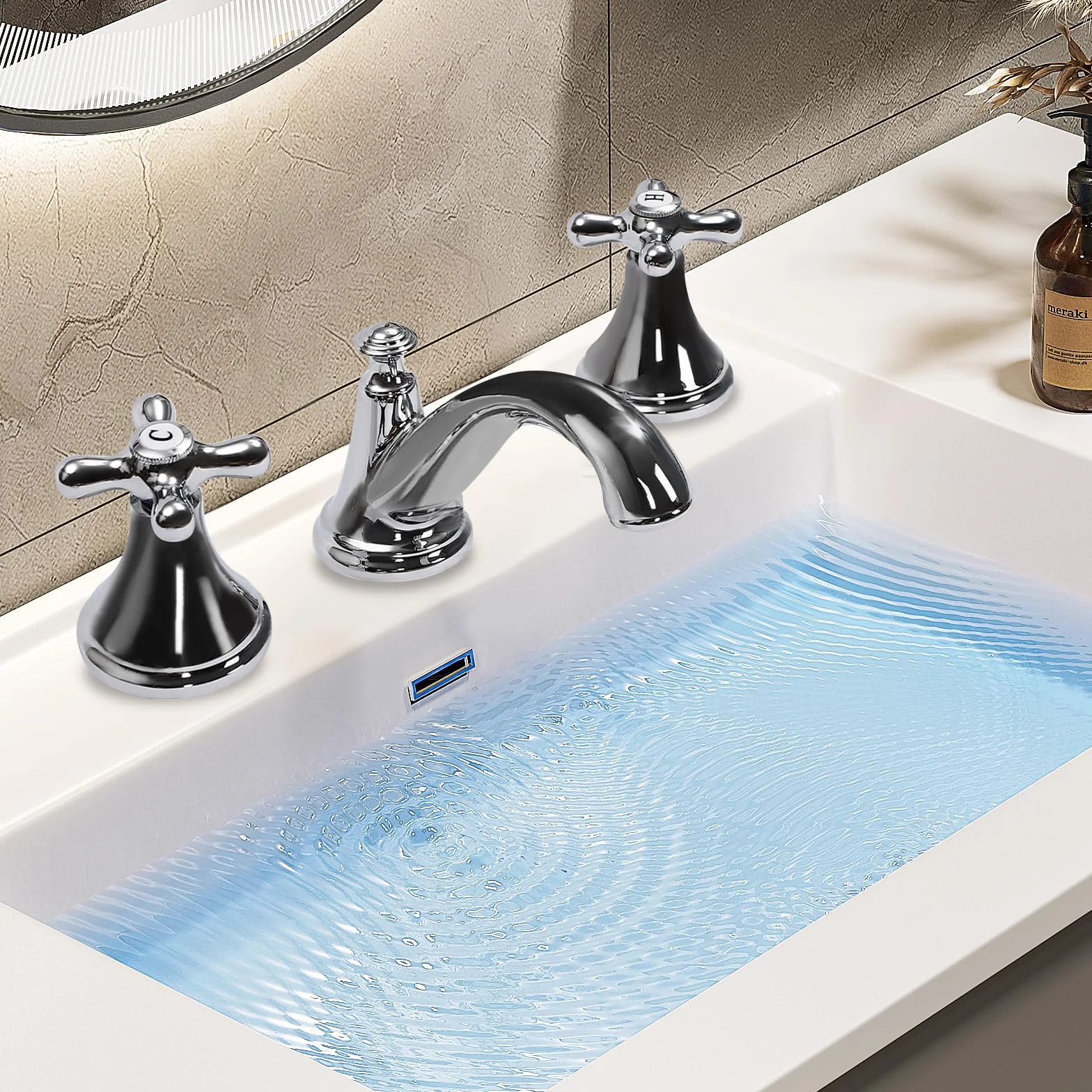Rubinetto lavabo a 3 fori argento lavabo miscelatore con 2 maniglie, rubinetto per acqua calda e fredda