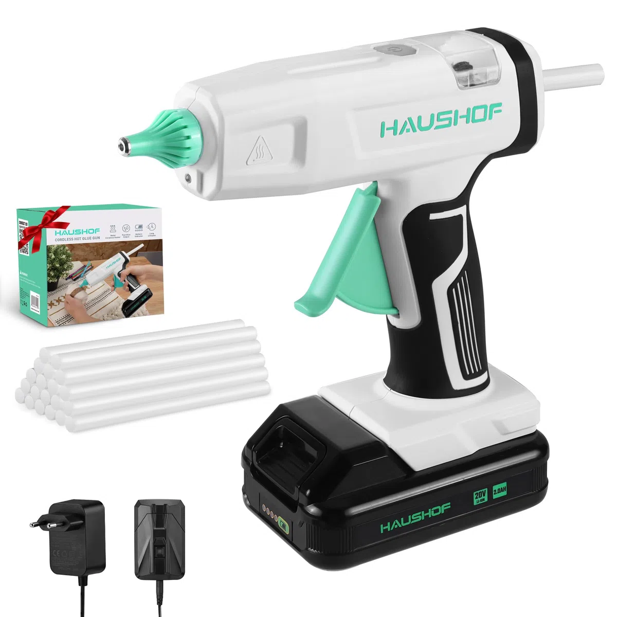 HAUSHOF Pistola per Colla a Caldo Senza Fili da 20V con Batteria e Caricatore, 20 Stick di Colla 11x150 mm, Spegnimento Automatico e Riscaldamento Rapido per Fai da Te, Artigianato