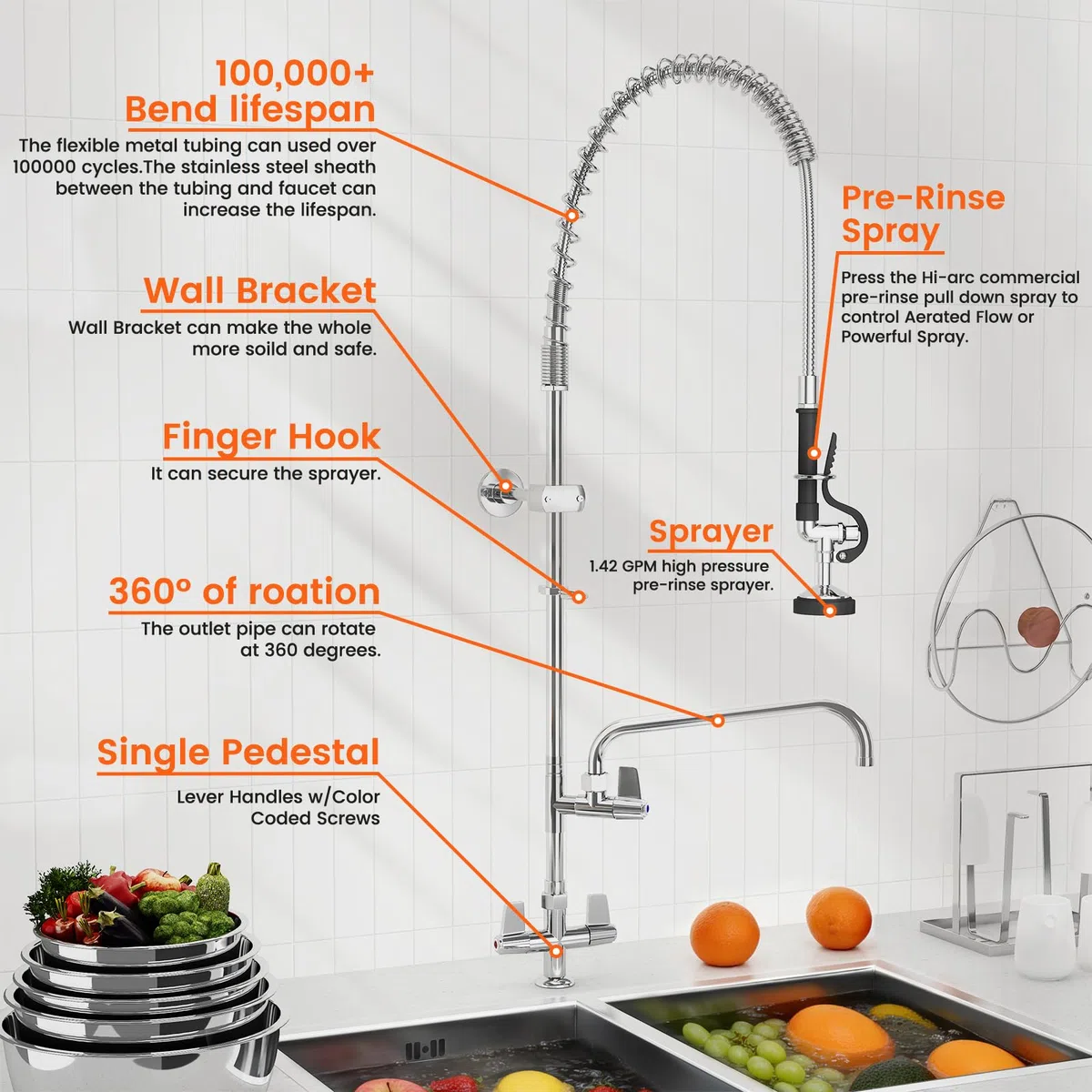 Rubinetto spray pre-risciacquo per cucina commerciale, monopiedistallo estraibile, tubo flessibile per lavello da cucina, rubinetto da parete