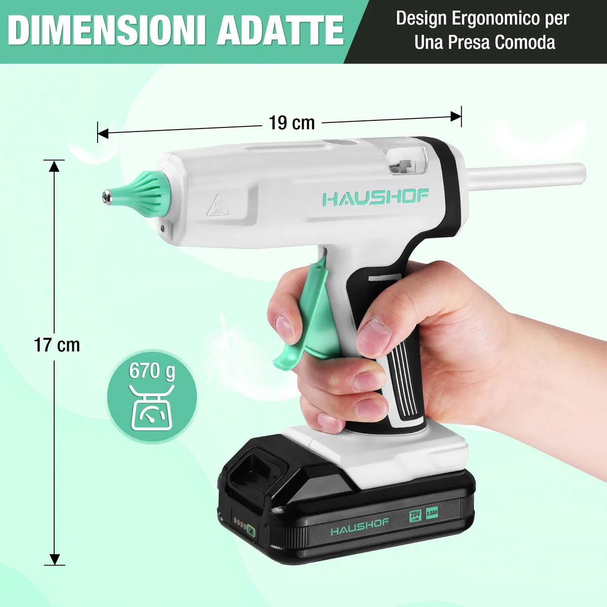 HAUSHOF Pistola per Colla a Caldo Senza Fili da 20V con Batteria e Caricatore, 20 Stick di Colla 11x150 mm, Spegnimento Automatico e Riscaldamento Rapido per Fai da Te, Artigianato