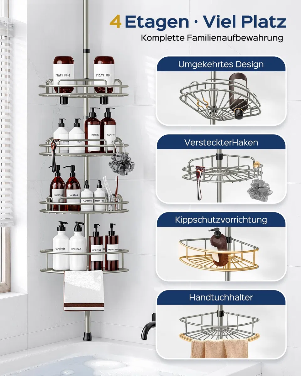 HAMITOR Mensola telescopica per doccia senza foratura: 4 livelli in metallo, antiscivolo e stabile, organizer da bagno per shampoo, sapone e gel doccia, regolabile da 121 a 314 cm, argento